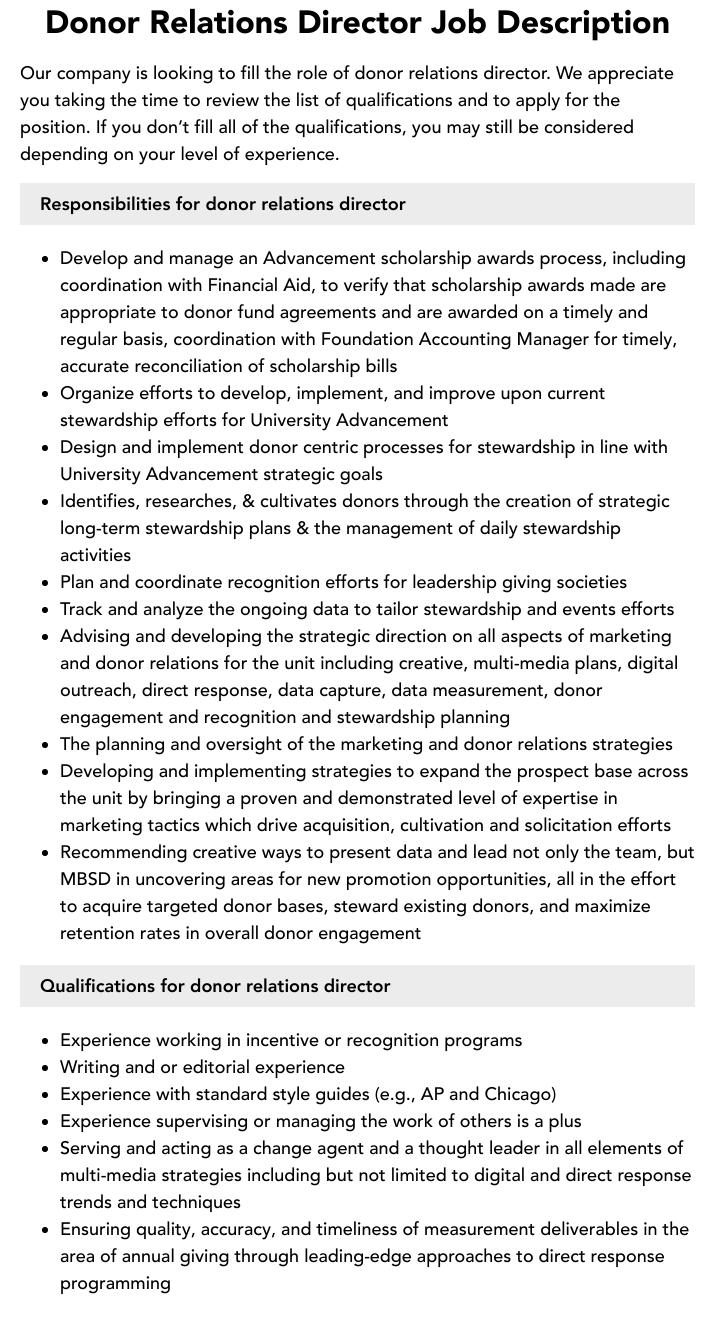 Donor Relations Director Job Description Velvet Jobs Donor Relations Director Job Description Velvet Jobs