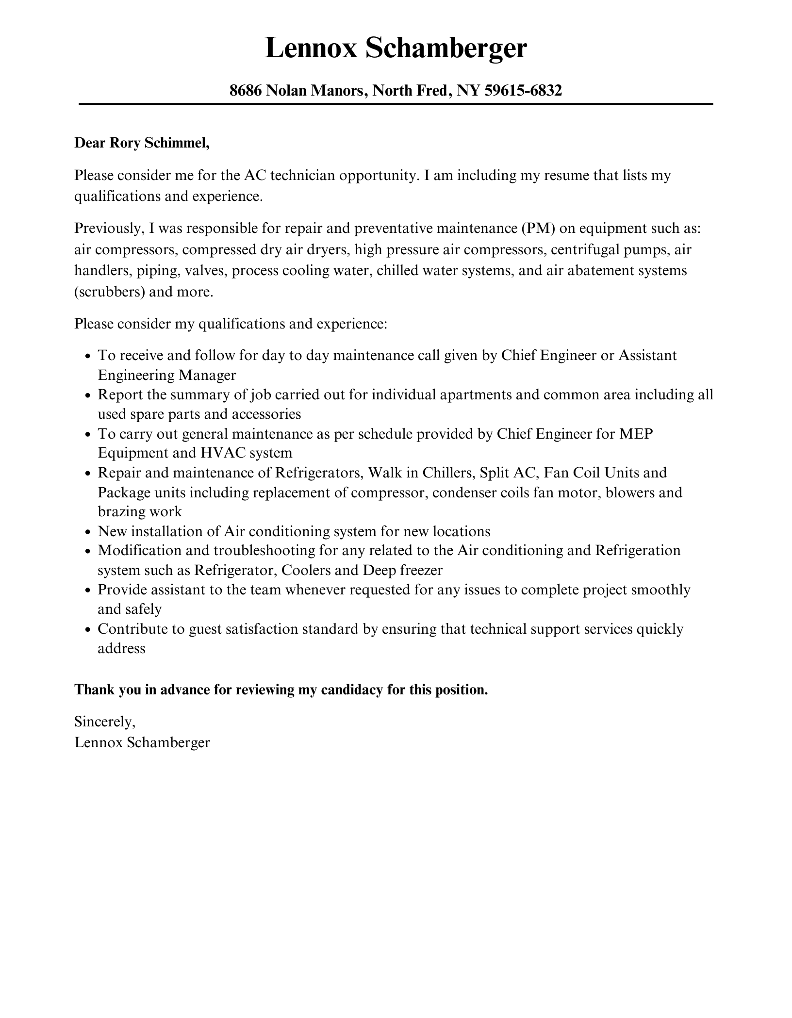 AC Technician Cover Letter Velvet Jobs
