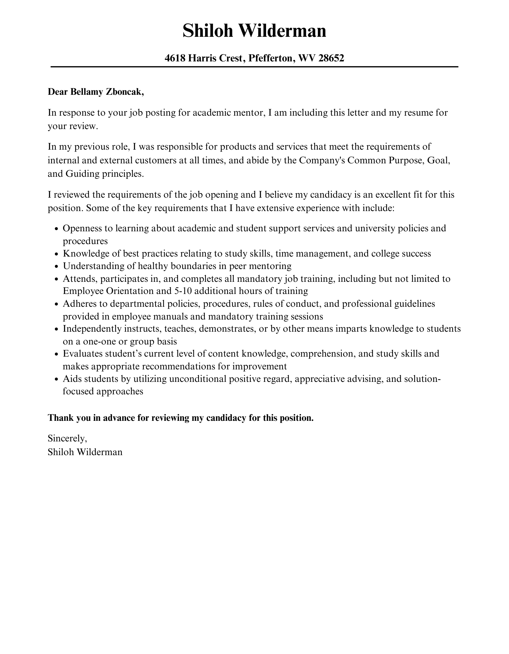 cover letter examples for mentor position