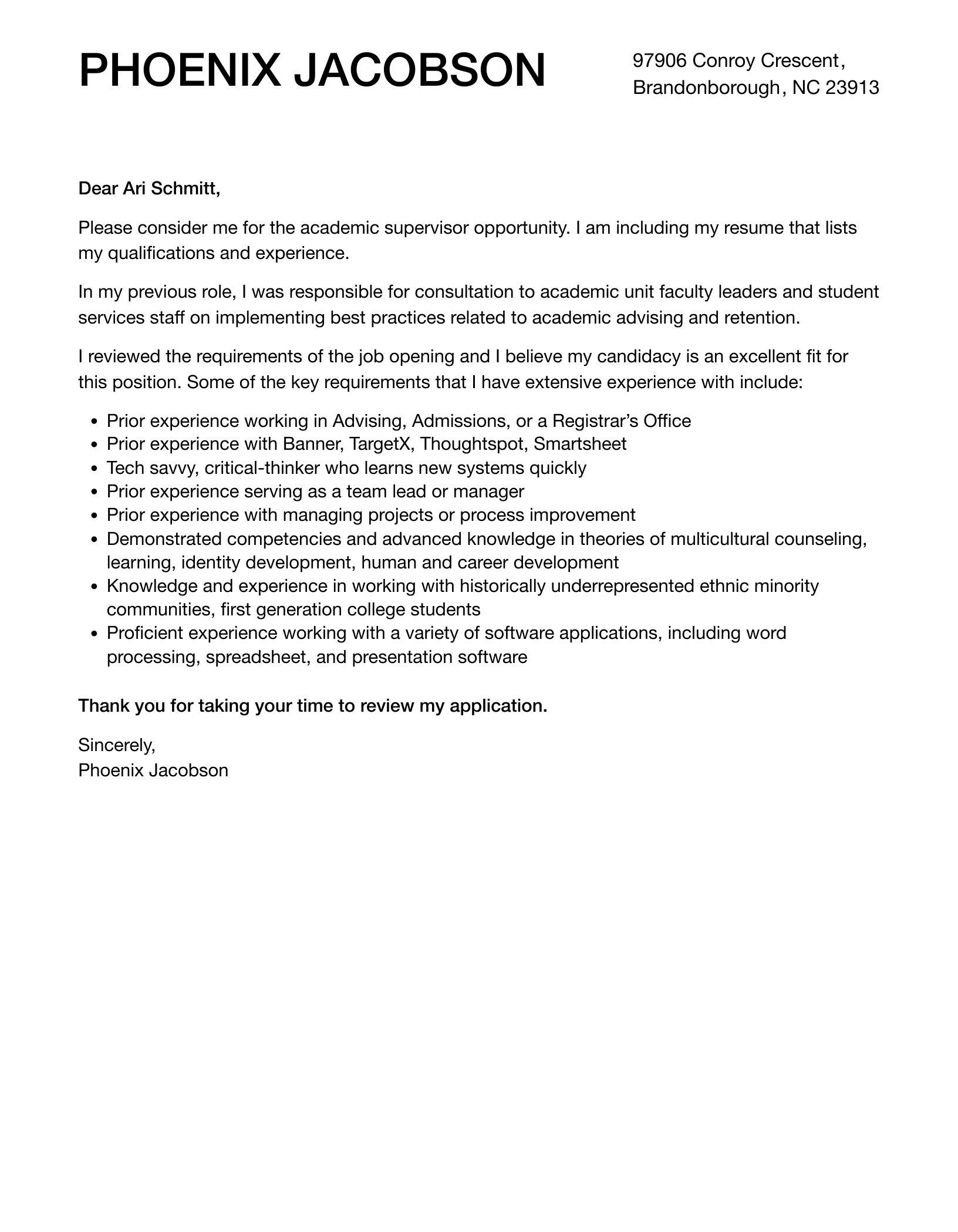 Academic Supervisor Cover Letter Velvet Jobs