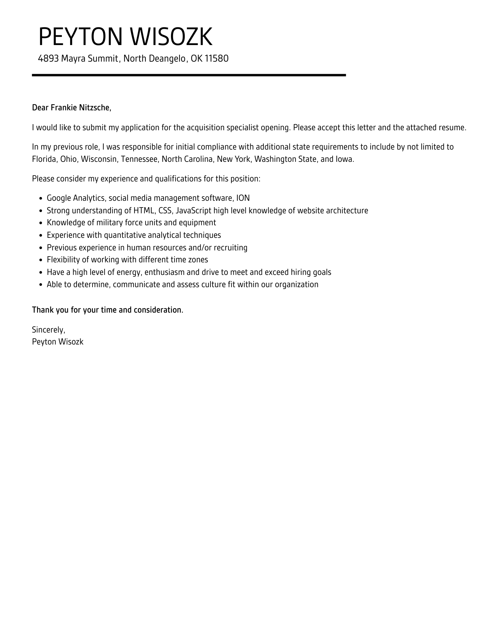 Acquisition Specialist Cover Letter Velvet Jobs