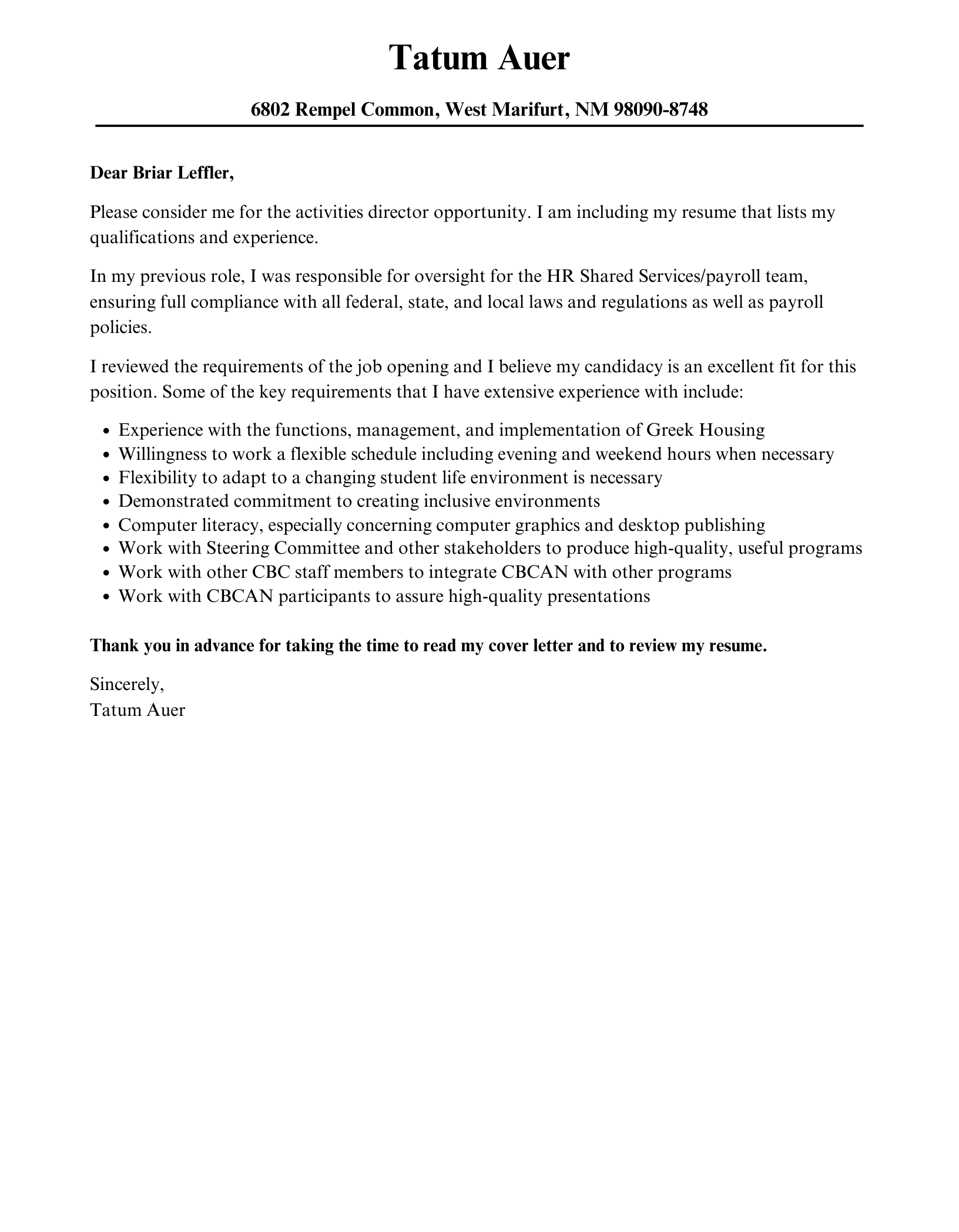 Activities Director Cover Letter Velvet Jobs