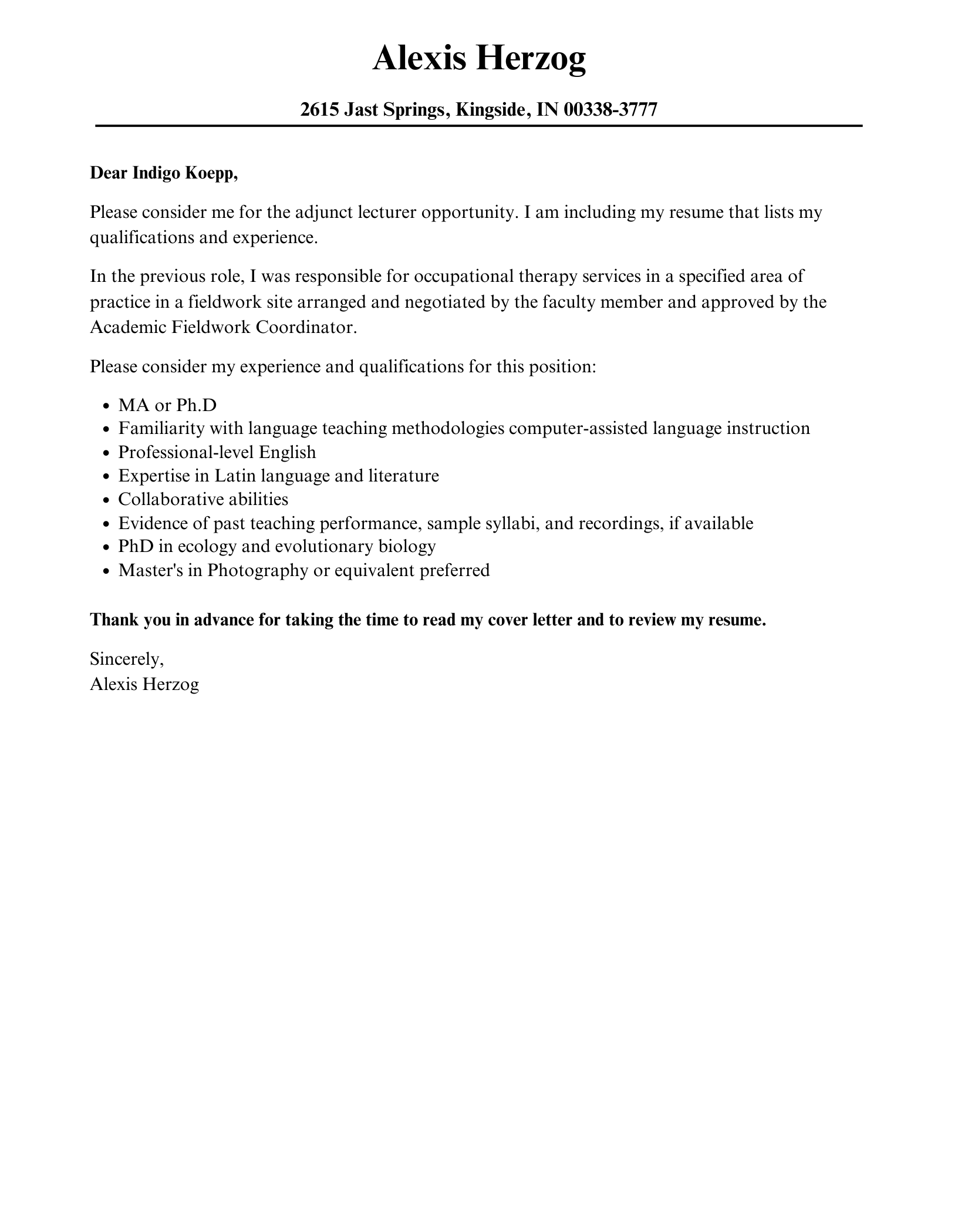 Adjunct Lecturer Cover Letter Velvet Jobs
