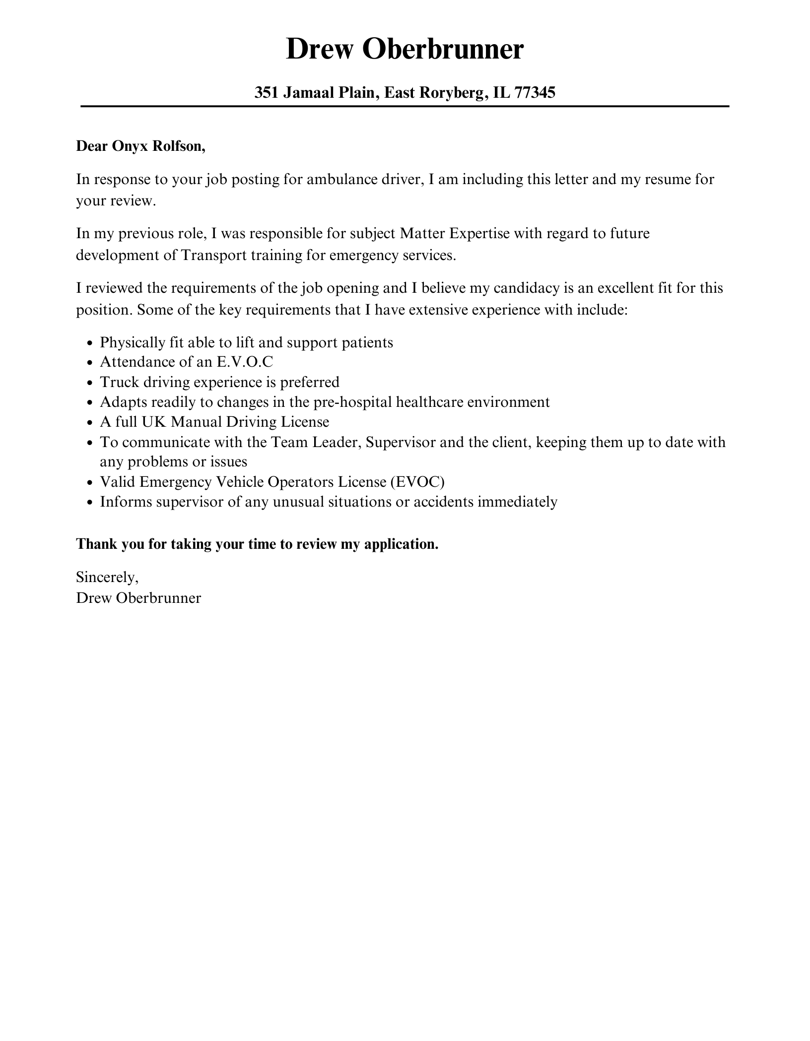 Ambulance Driver Cover Letter Sample