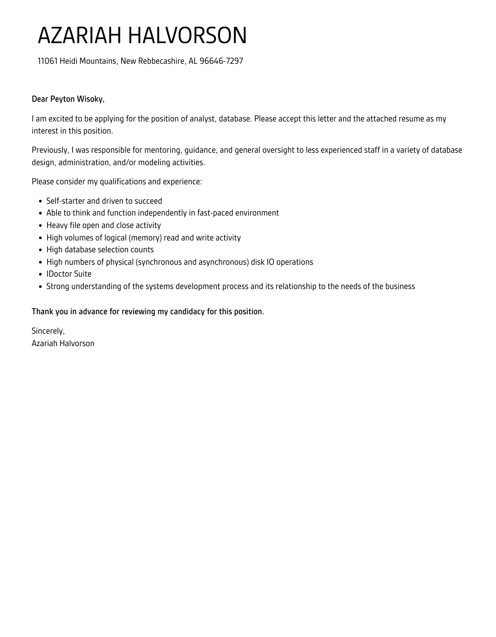 Analyst Database Cover Letter Velvet Jobs