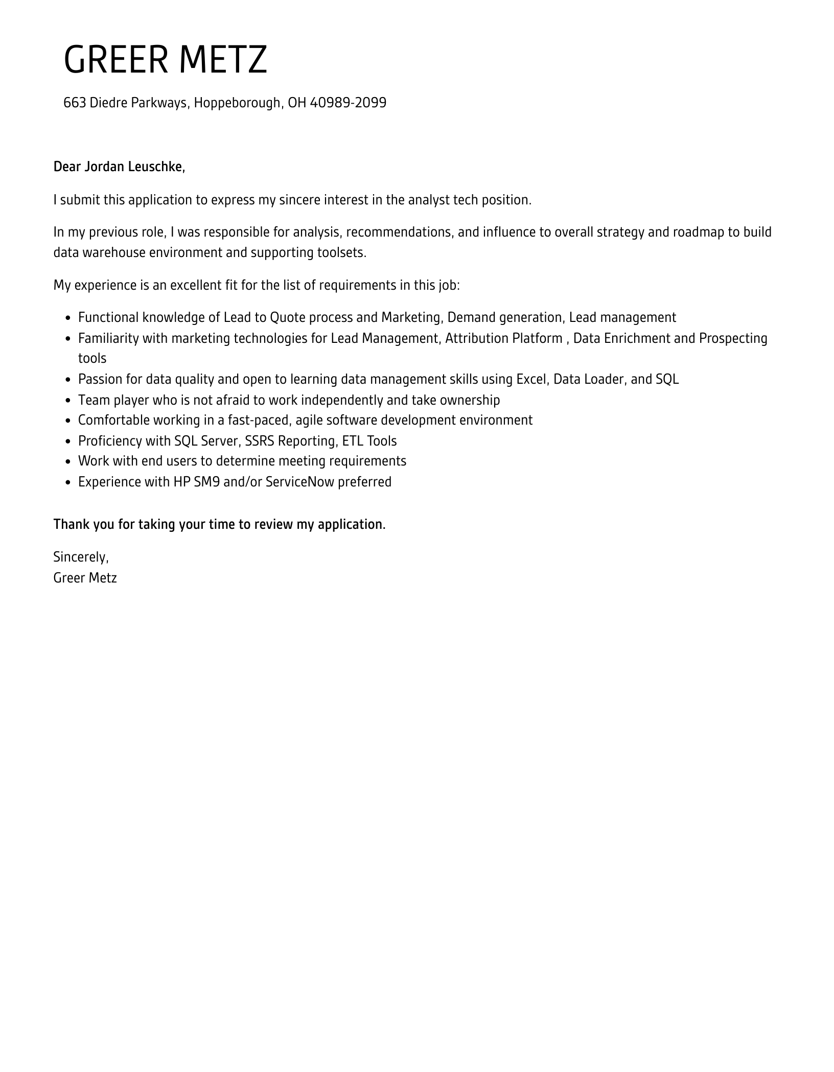 Analyst Tech Cover Letter Velvet Jobs