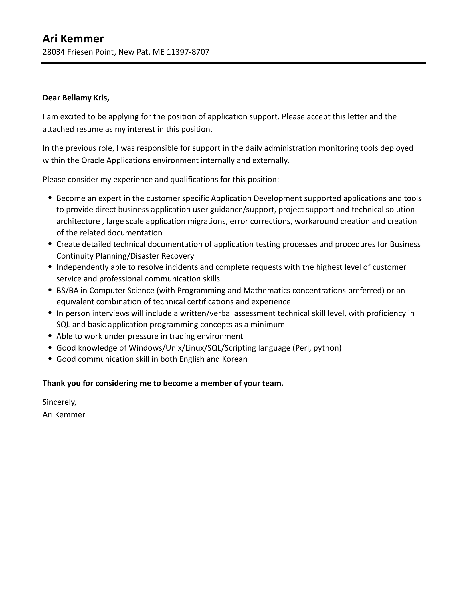 Application Support Cover Letter Velvet Jobs