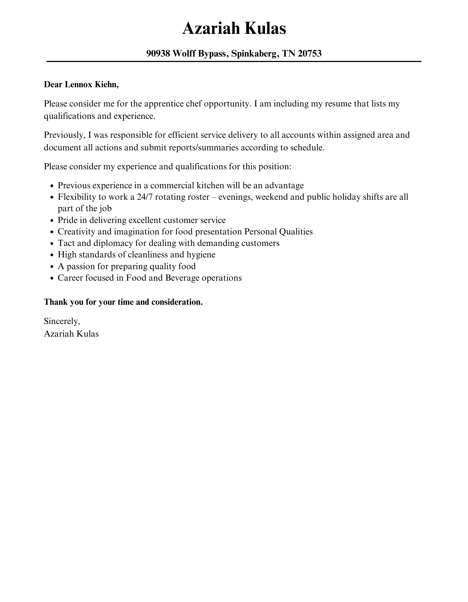 Apprentice Chef Cover Letter Sample