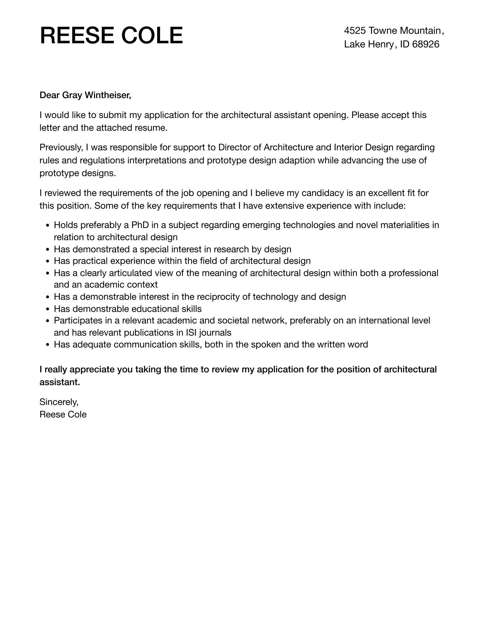 job application letter for assistant architect