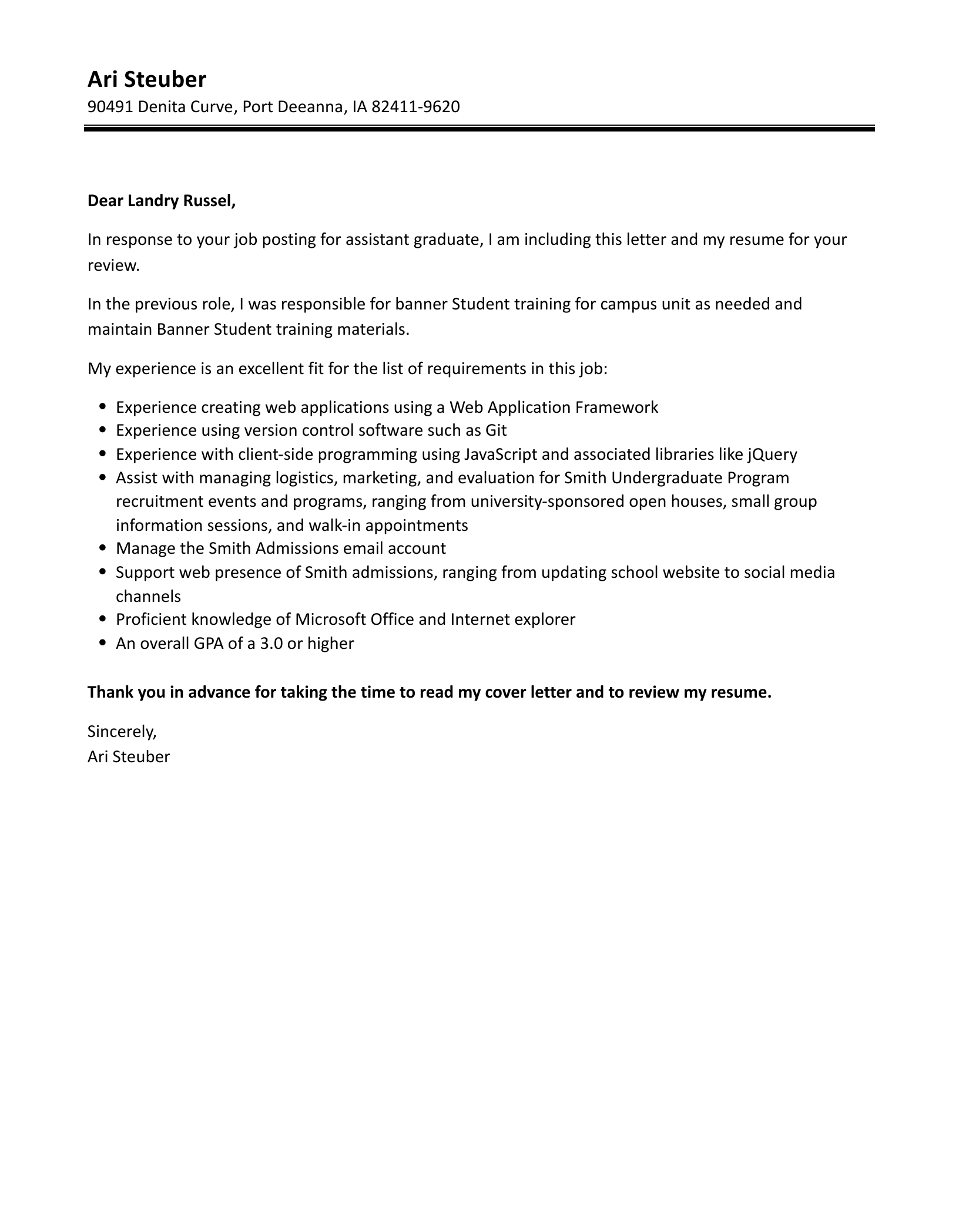 Assistant Graduate Cover Letter Velvet Jobs