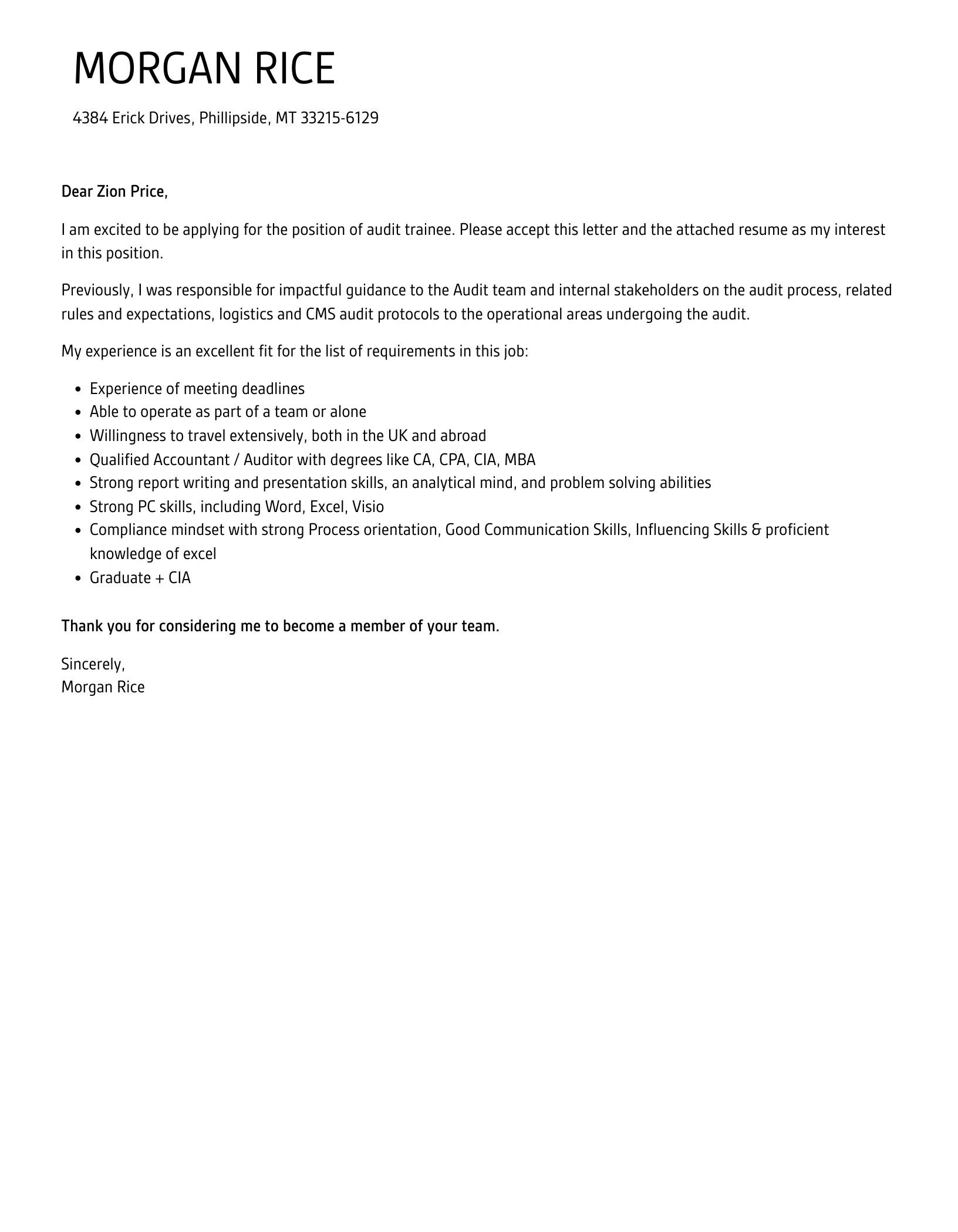 Audit Trainee Cover Letter Velvet Jobs