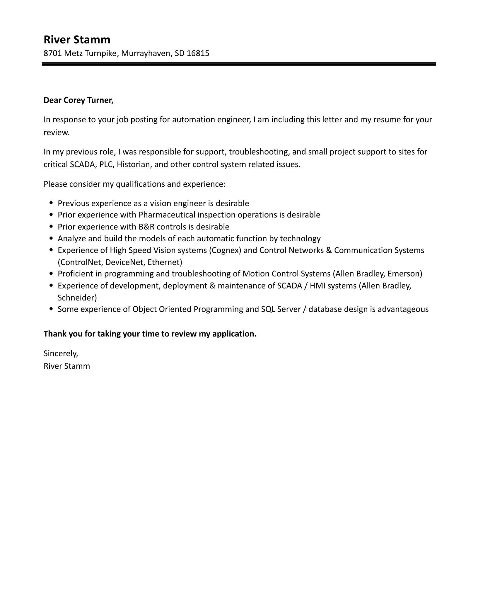 Automation Engineer Cover Letter Velvet Jobs