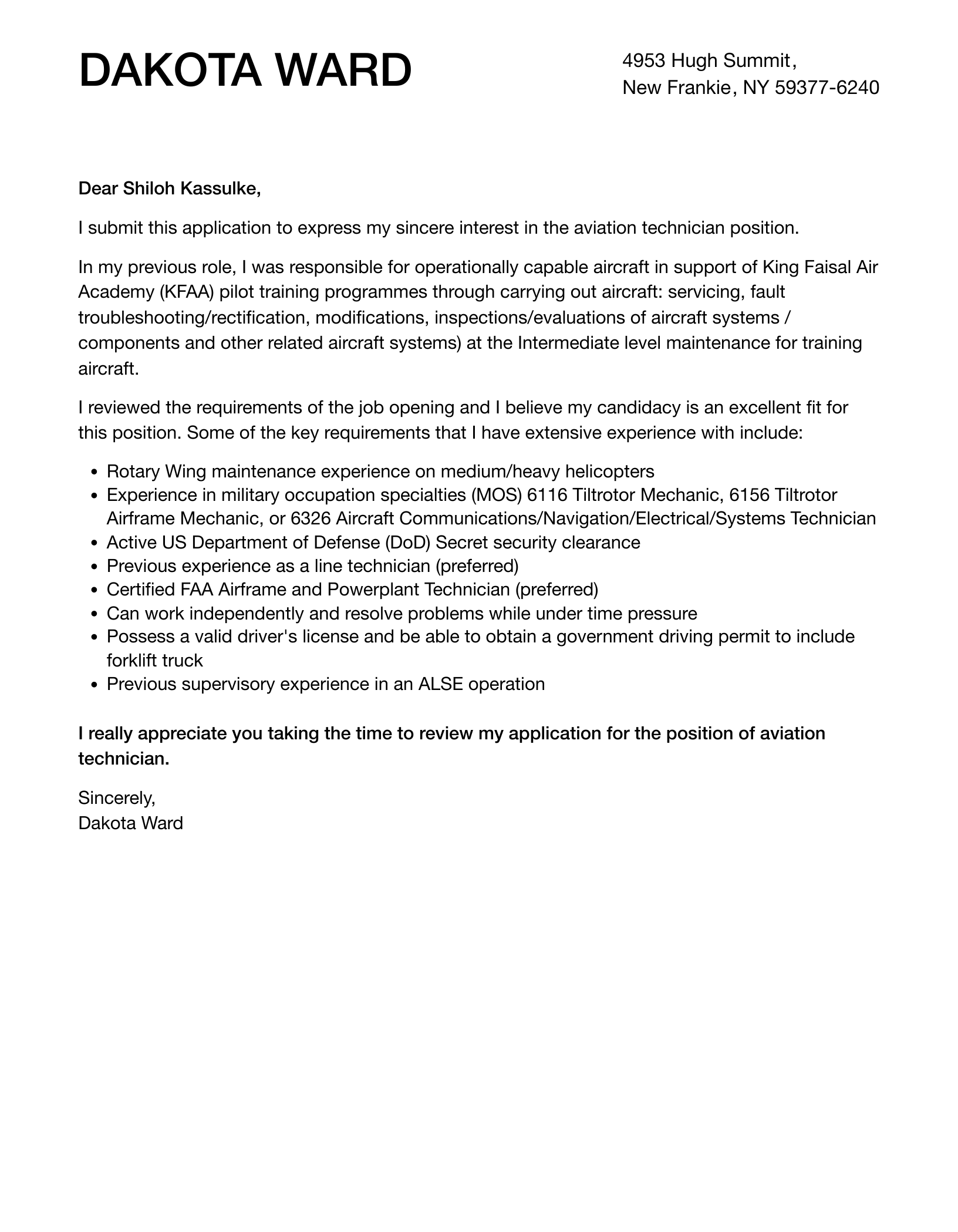Aviation Technician Cover Letter Velvet Jobs