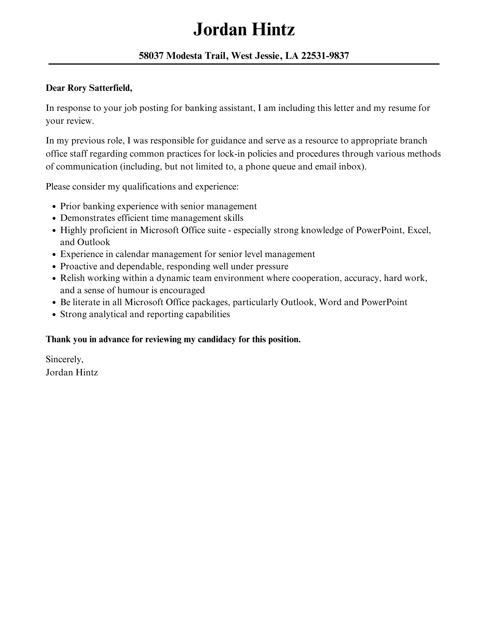 Banking Assistant Cover Letter Velvet Jobs