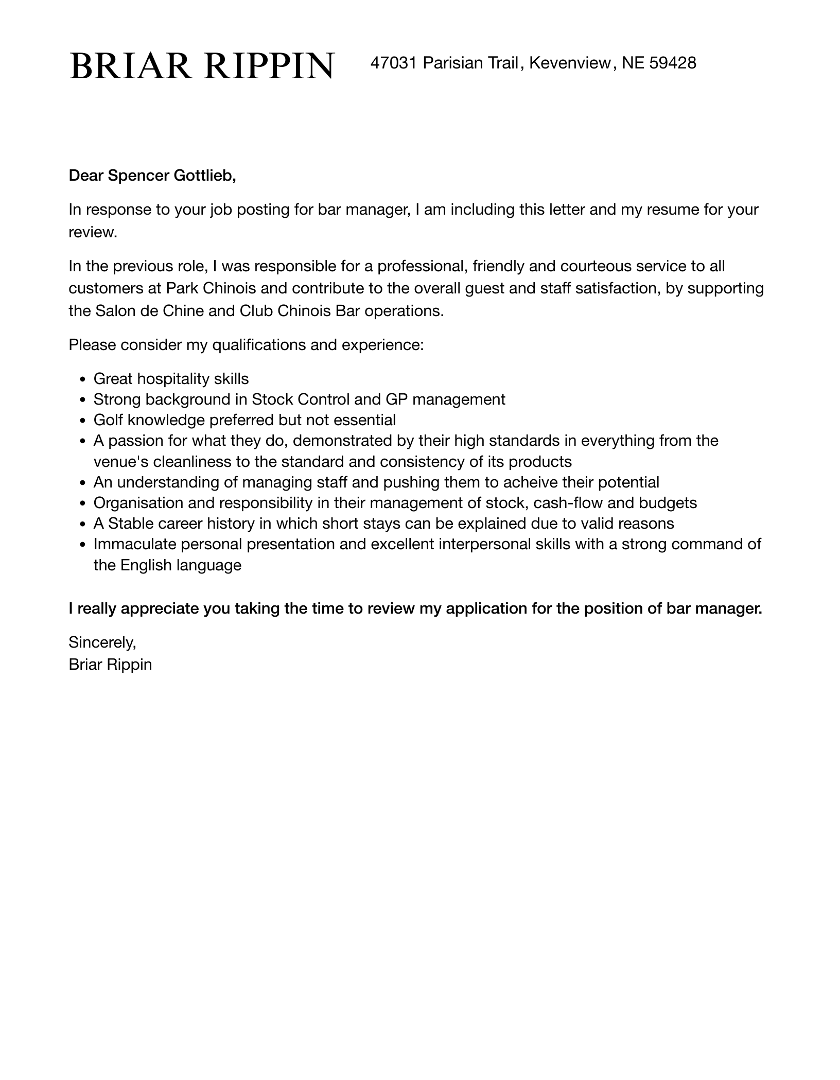 Bar Manager Cover Letter Velvet Jobs