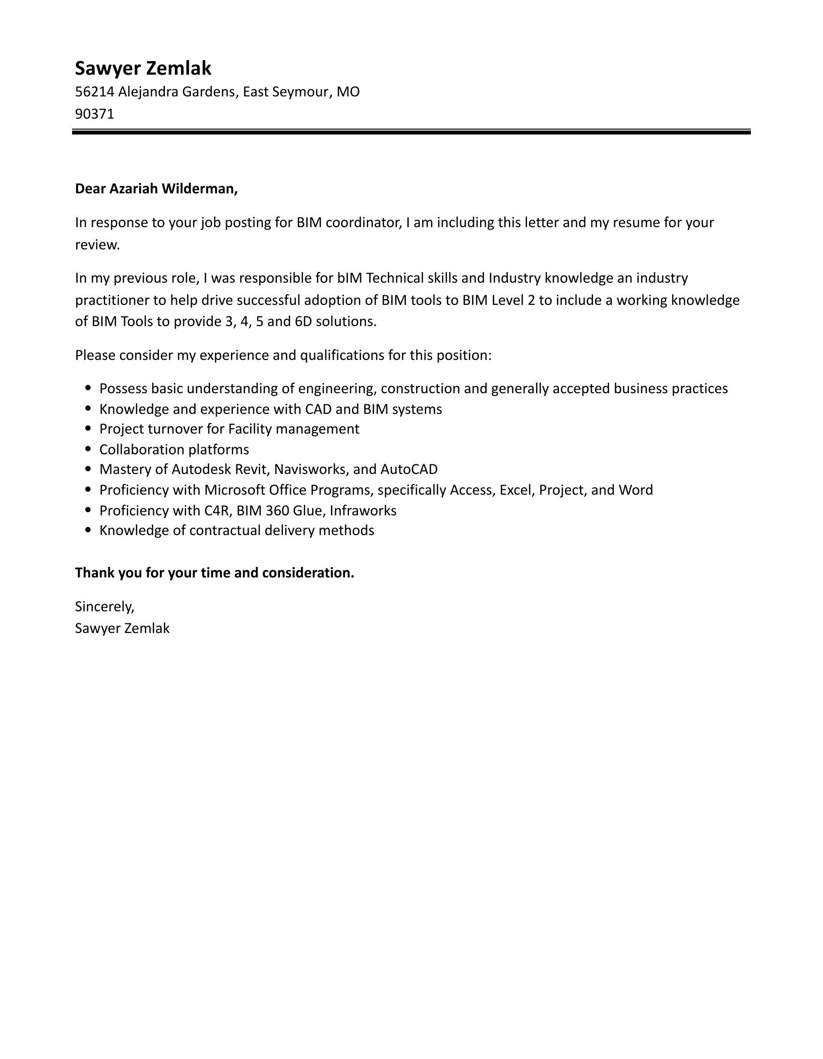 BIM Coordinator Cover Letter Velvet Jobs