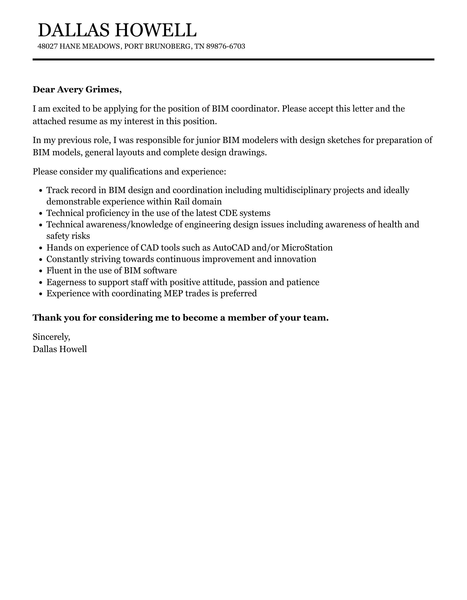 BIM Coordinator Cover Letter Velvet Jobs