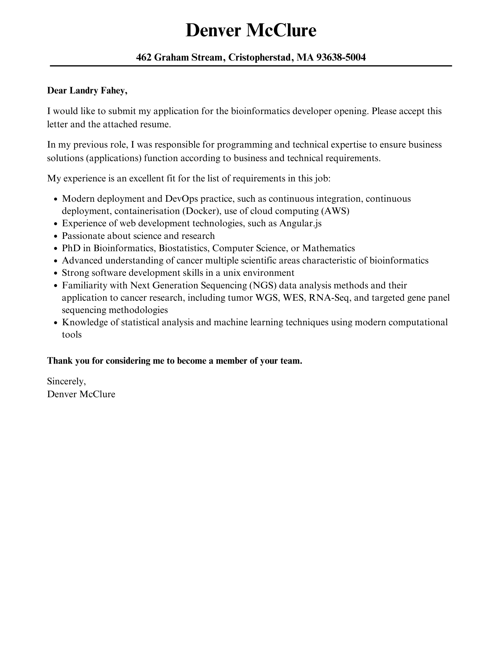 Bioinformatics Developer Cover Letter Sample