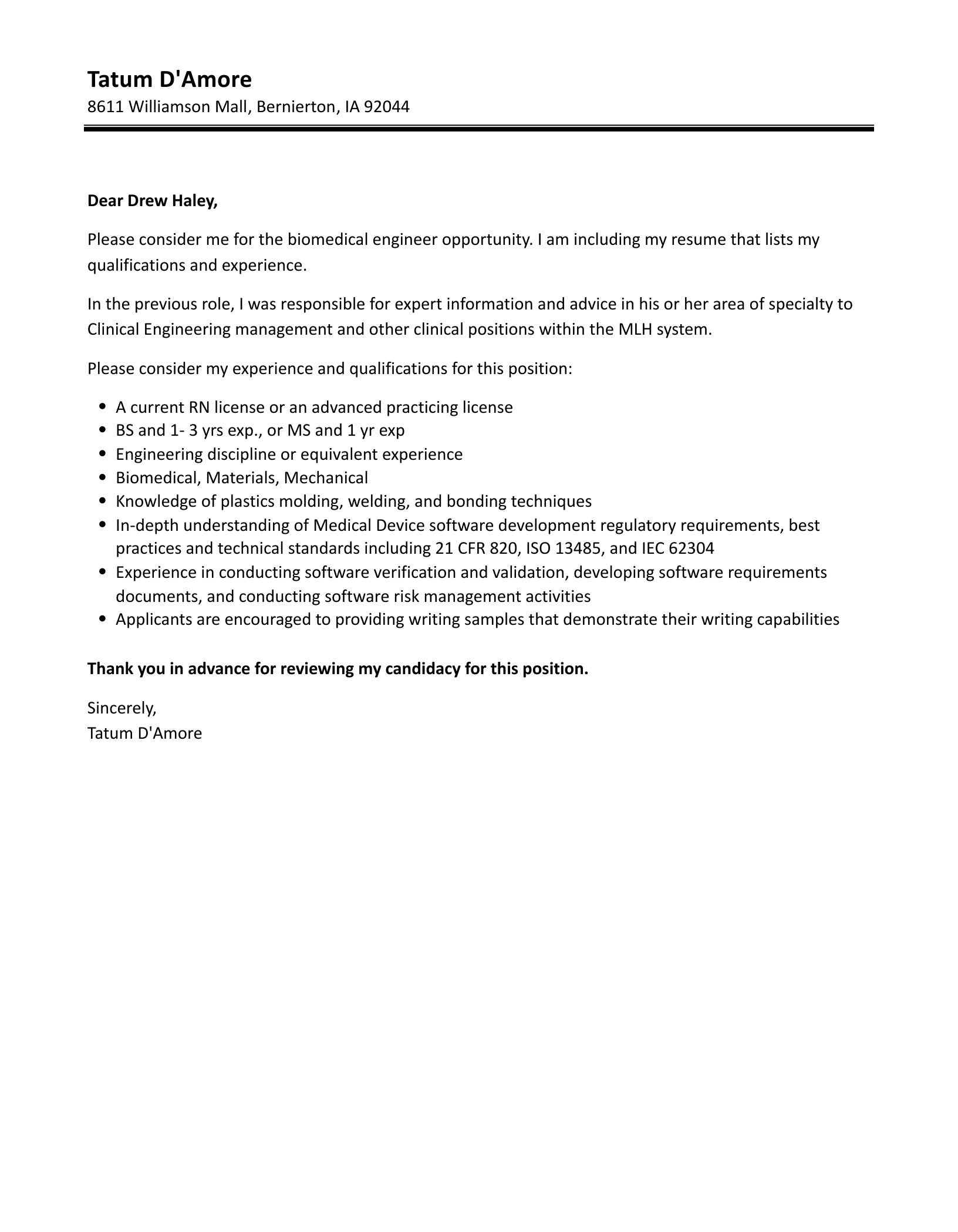 Biomedical Engineer Cover Letter Velvet Jobs