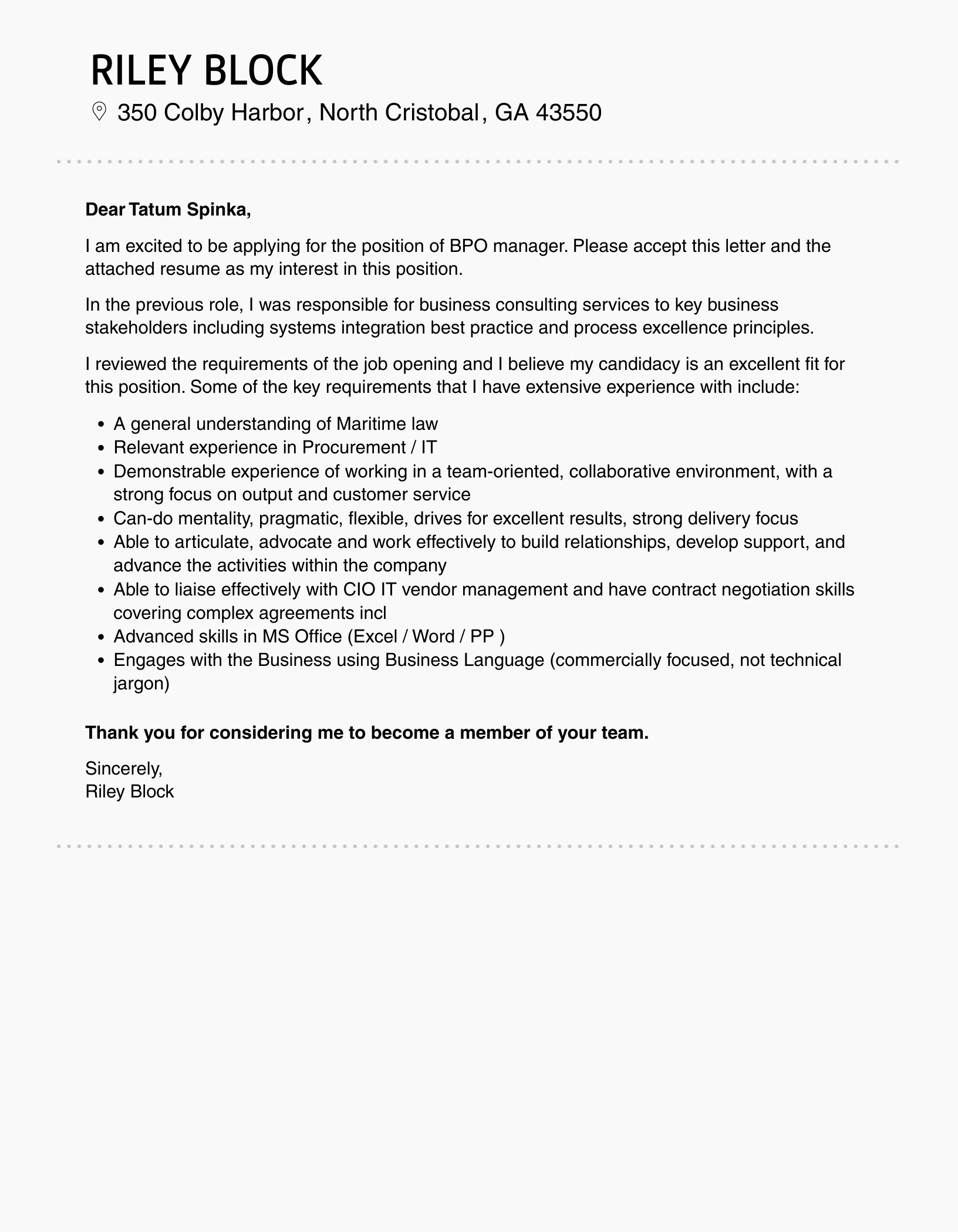 BPO Manager Cover Letter Velvet Jobs