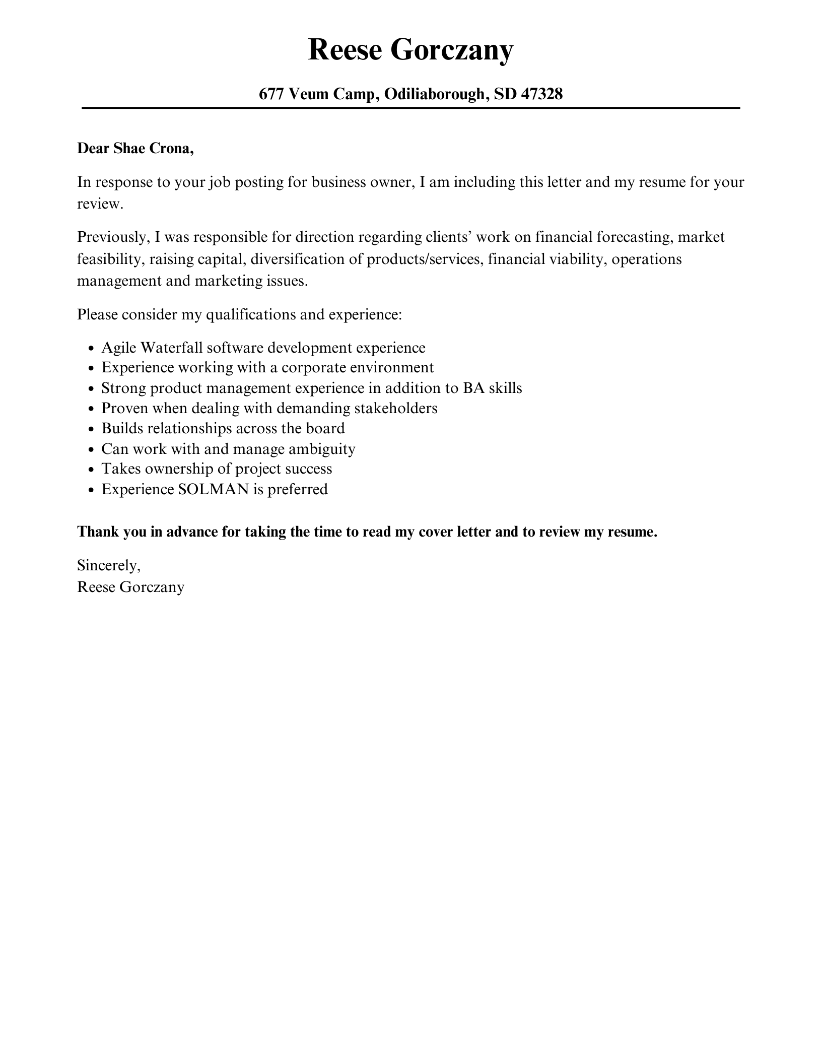 Business Owner Cover Letter Velvet Jobs
