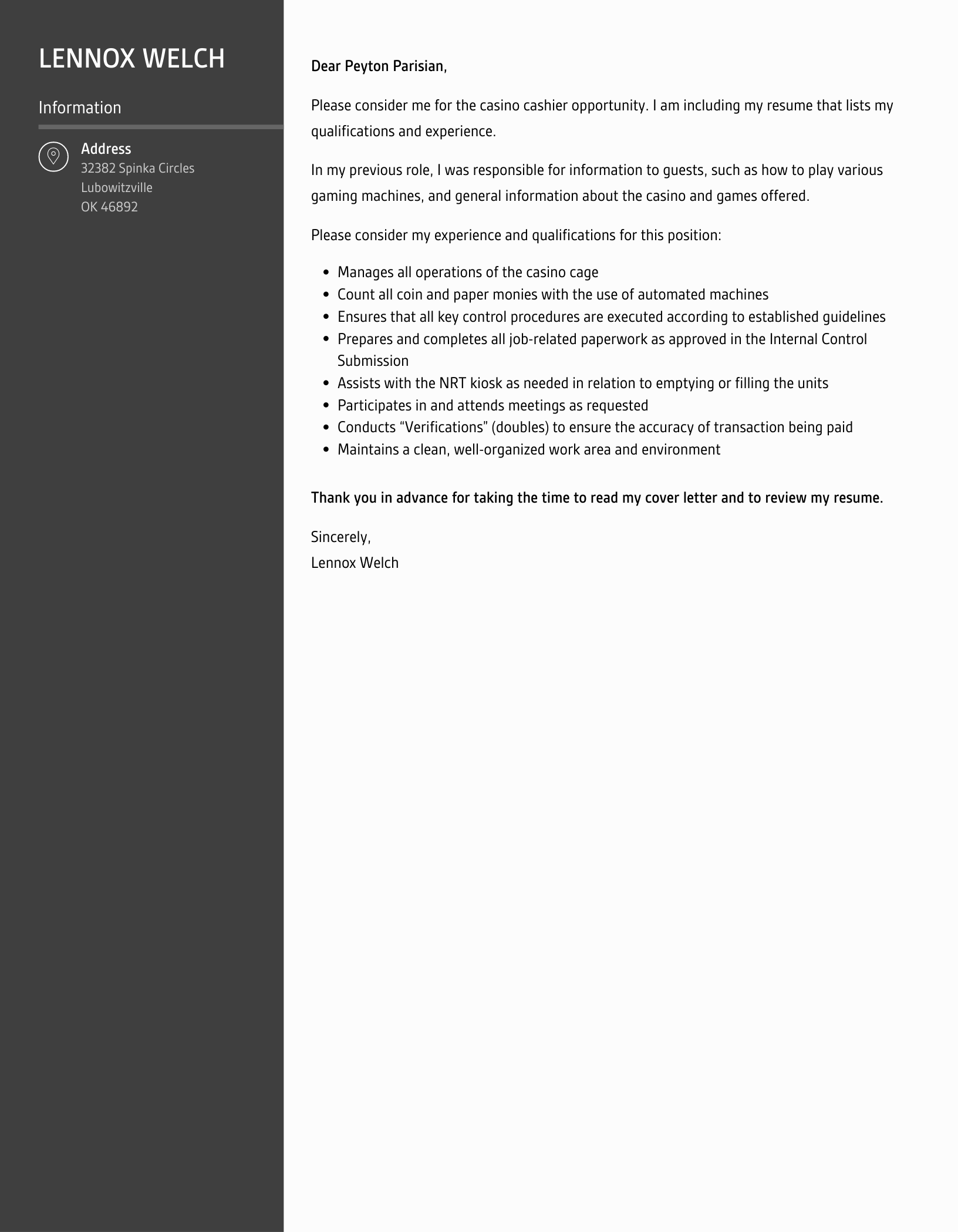 Casino Cashier Cover Letter Velvet Jobs