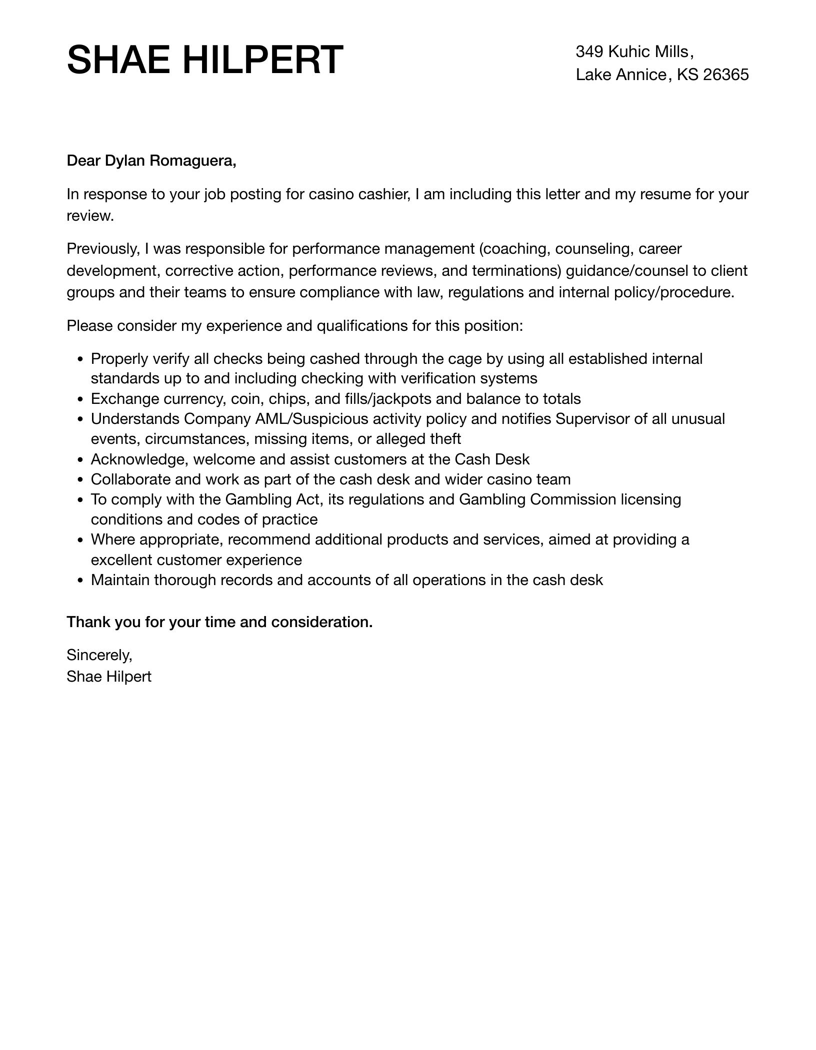 Casino Cashier Cover Letter Velvet Jobs
