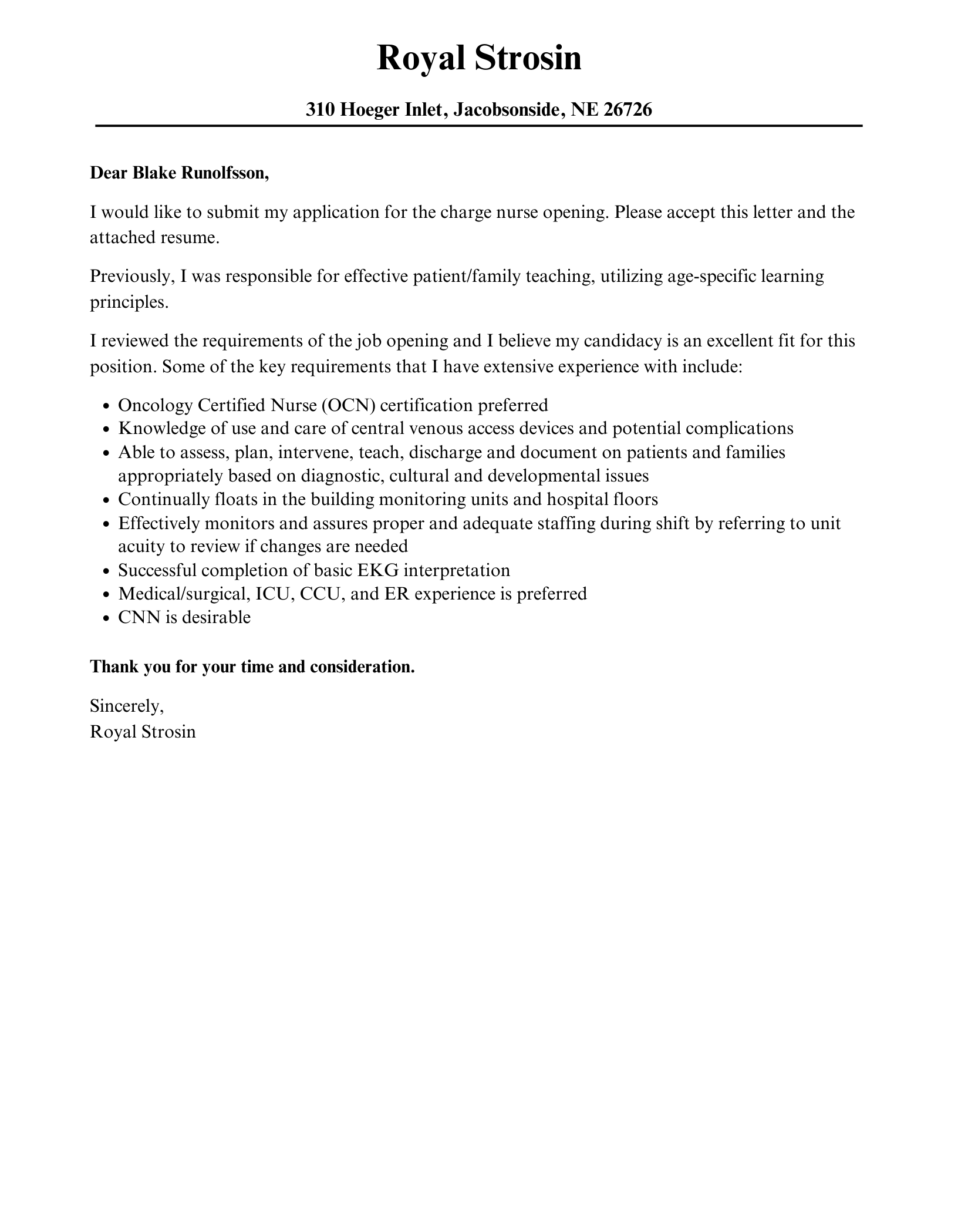 sample cover letter for charge nurse position