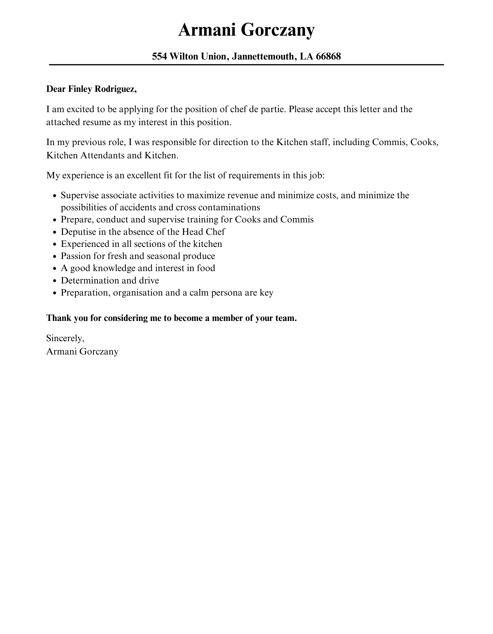 Chef De Partie Cover Letter Velvet Jobs