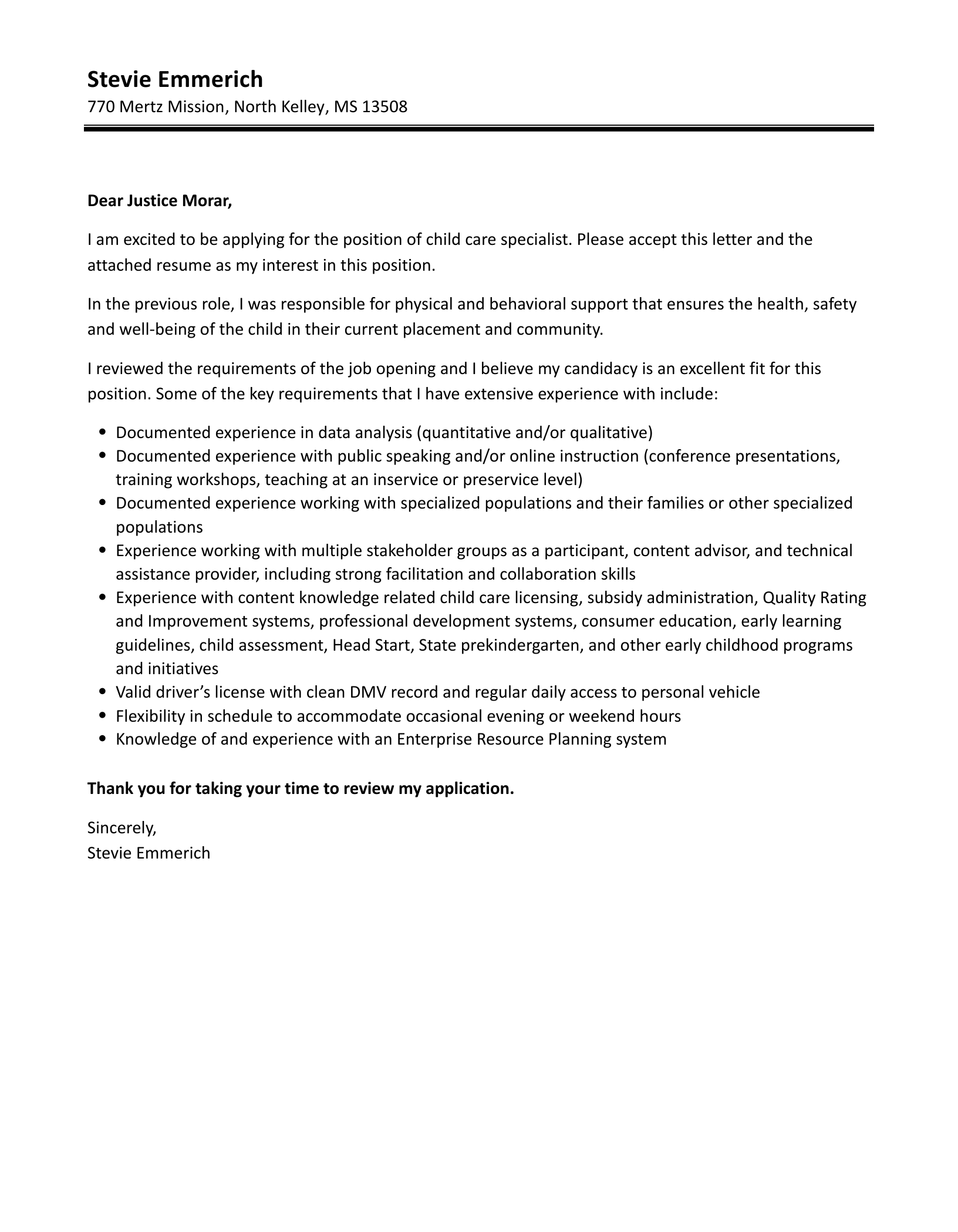 Child Care Specialist Cover Letter Velvet Jobs