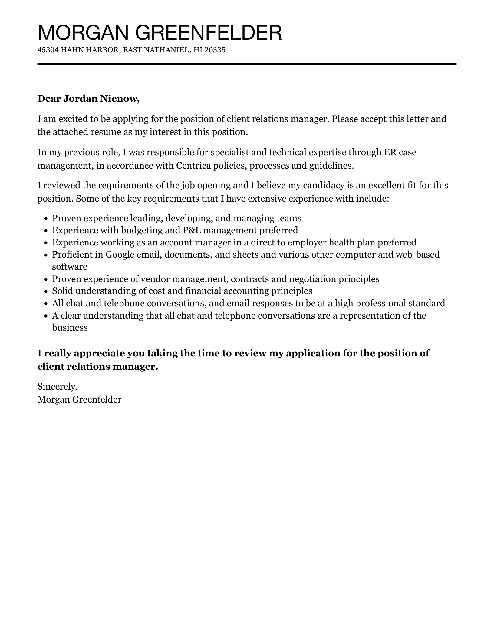 Client Relations Manager Cover Letter Velvet Jobs