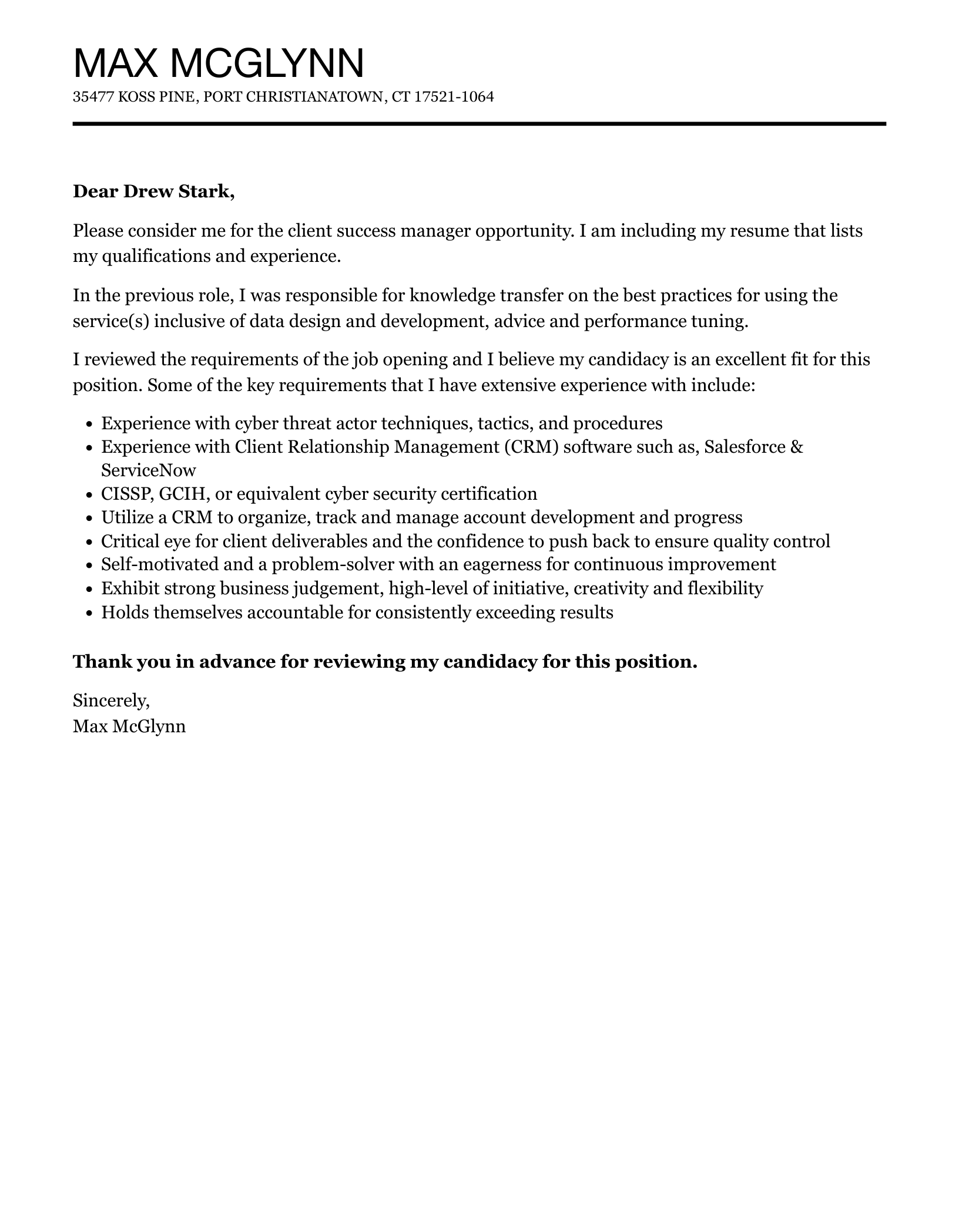 Client Success Manager Cover Letter Velvet Jobs