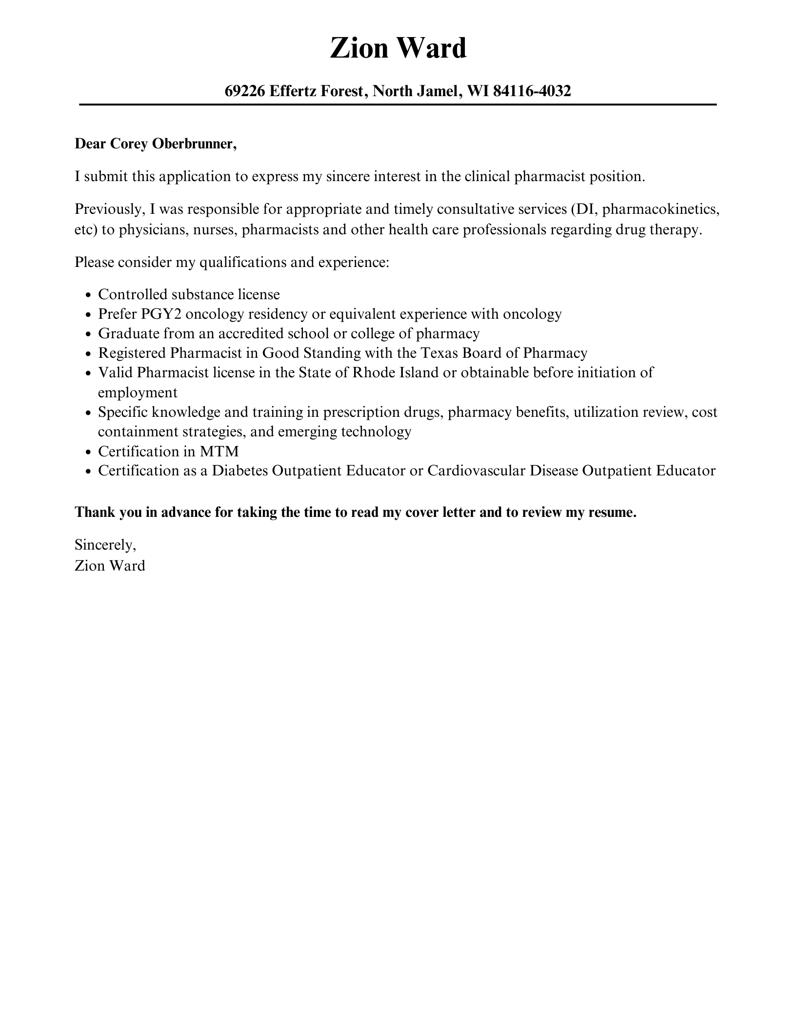 cover letter template for clinical pharmacist