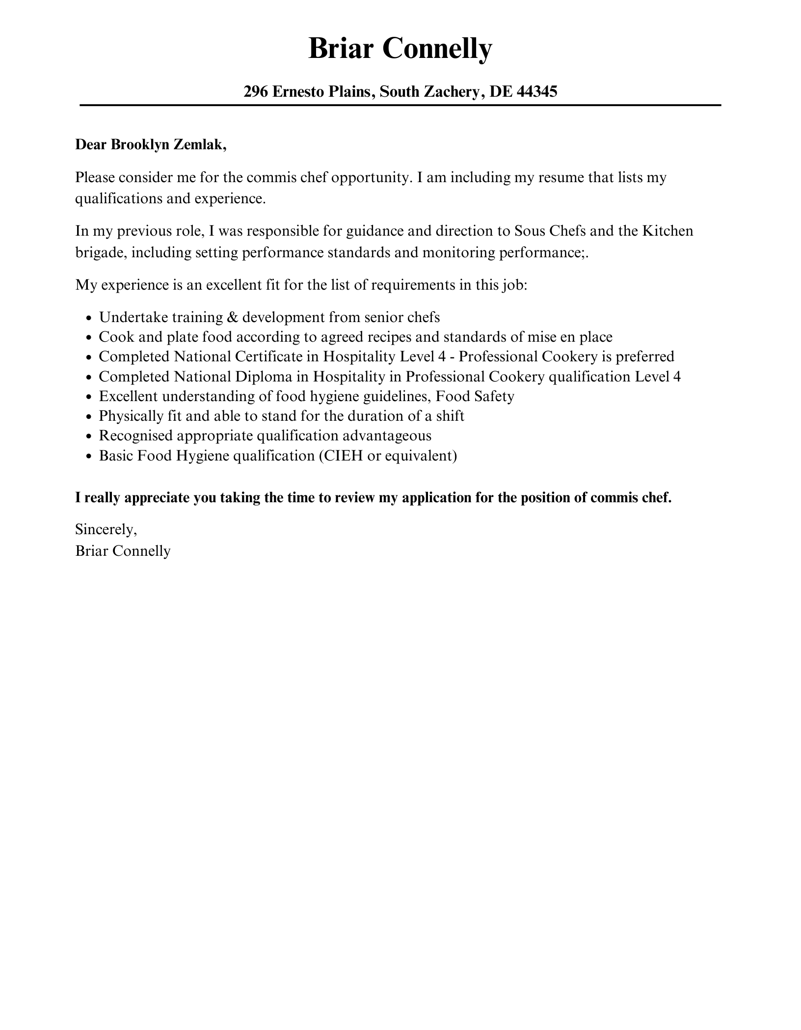 Commis Chef Cover Letter Velvet Jobs