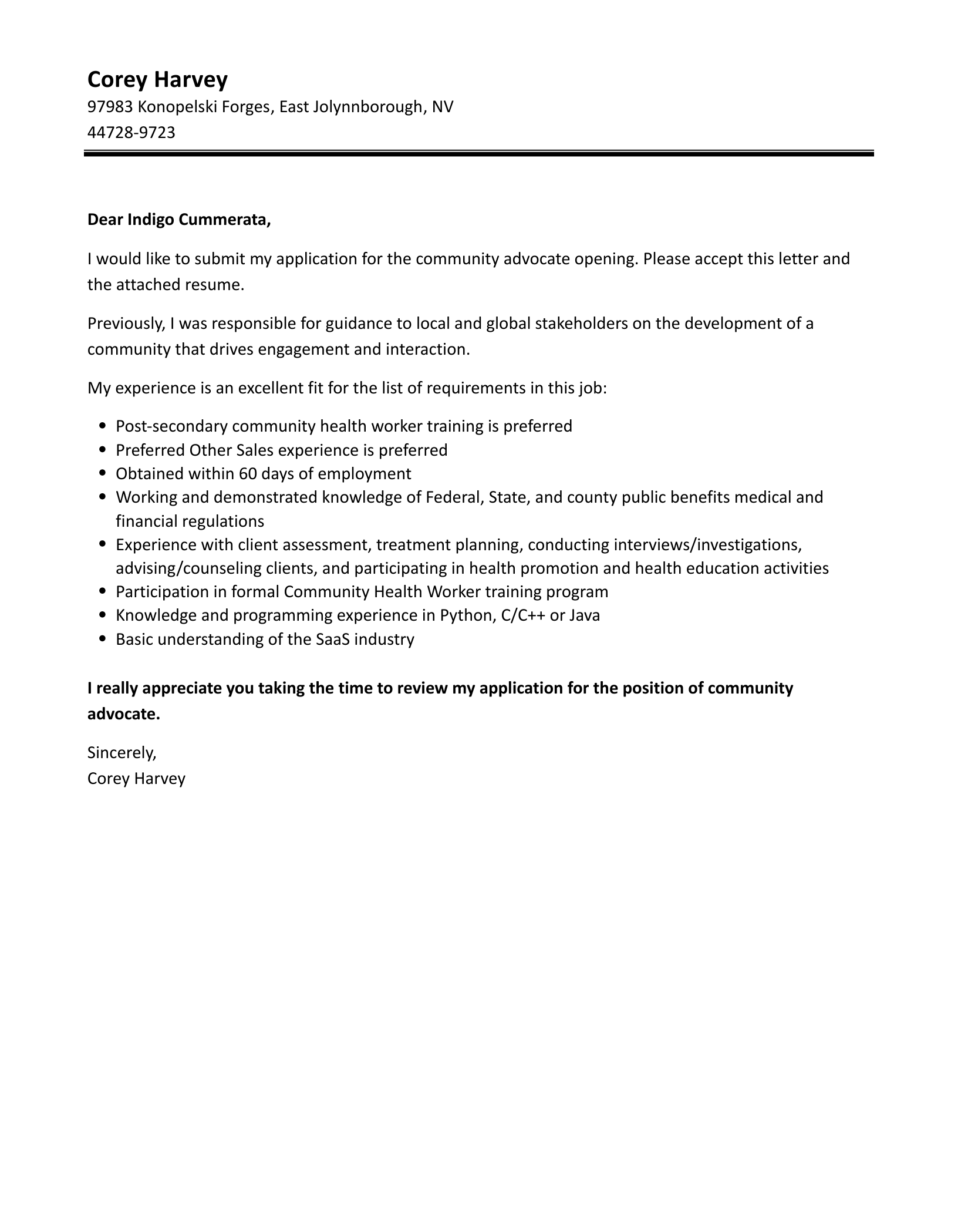 Community Advocate Cover Letter Velvet Jobs