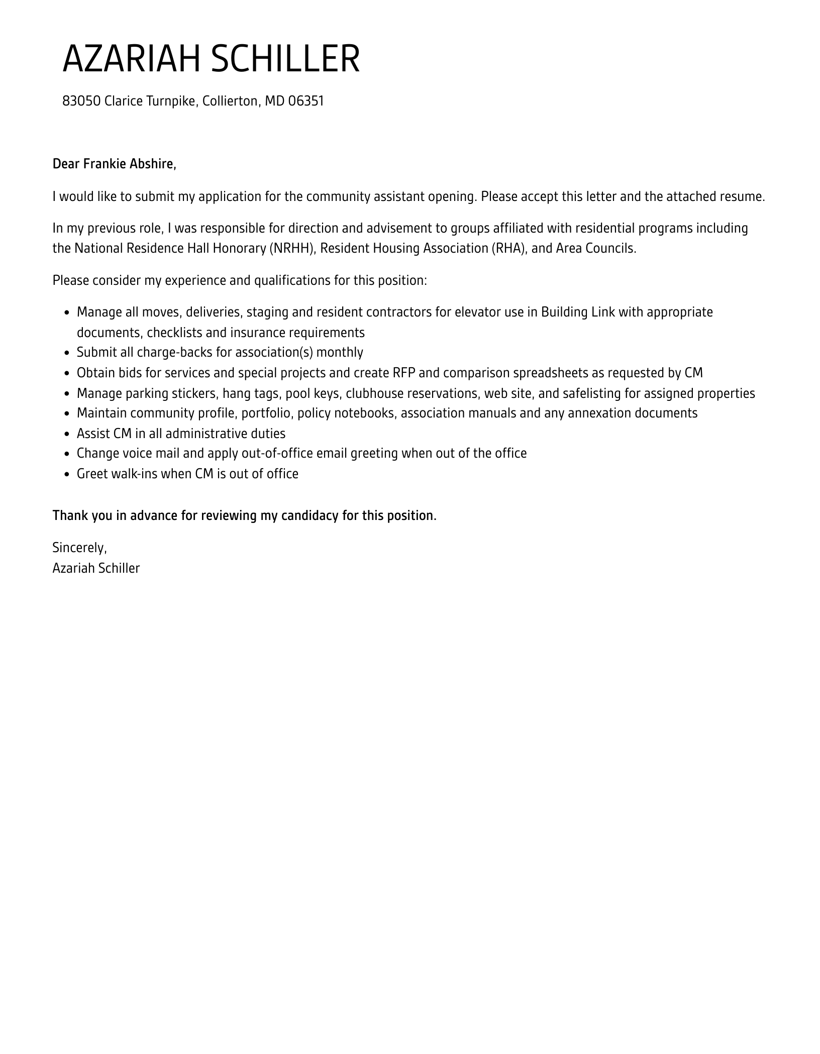 Community Assistant Cover Letter Velvet Jobs
