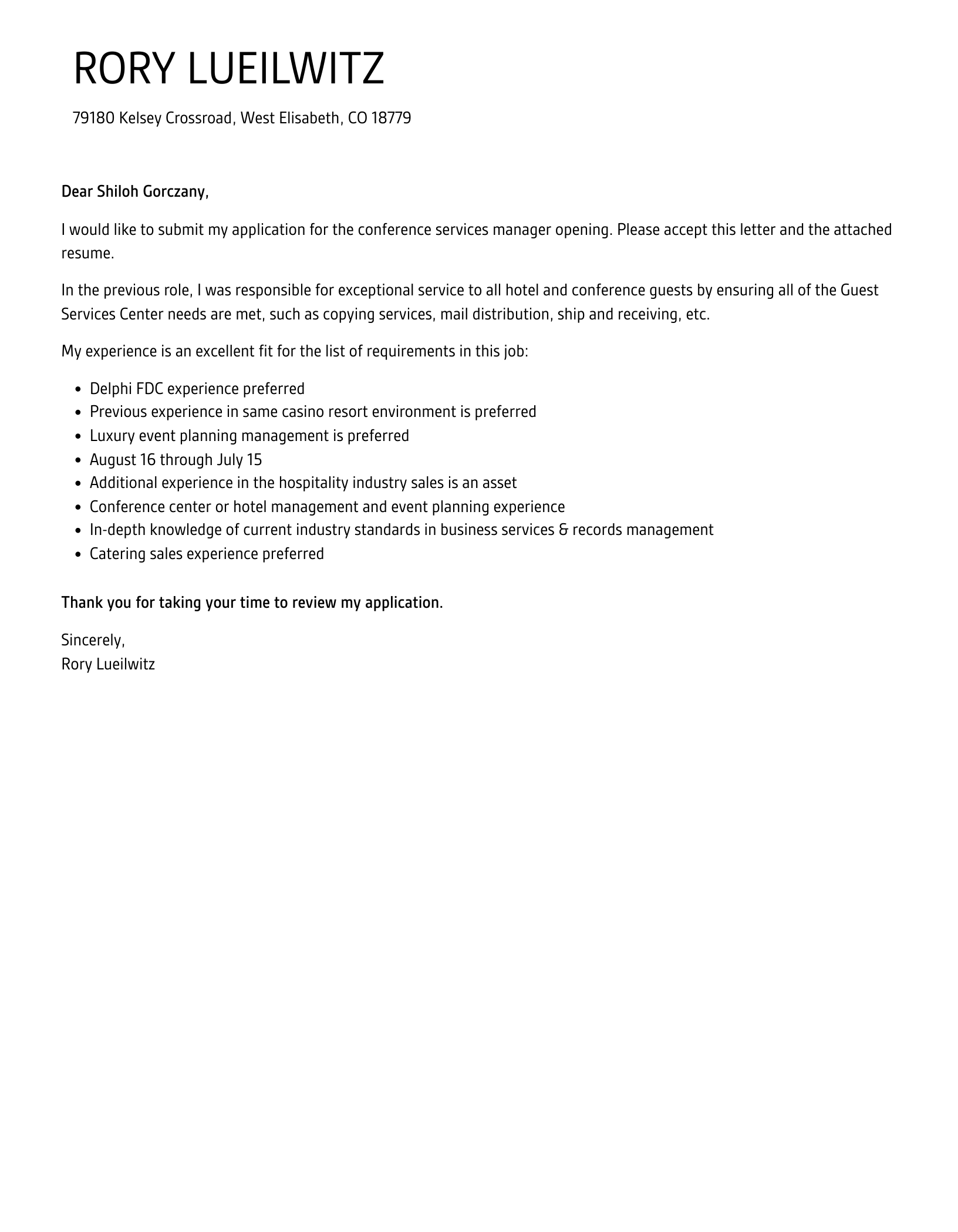 Conference Services Manager Cover Letter Velvet Jobs