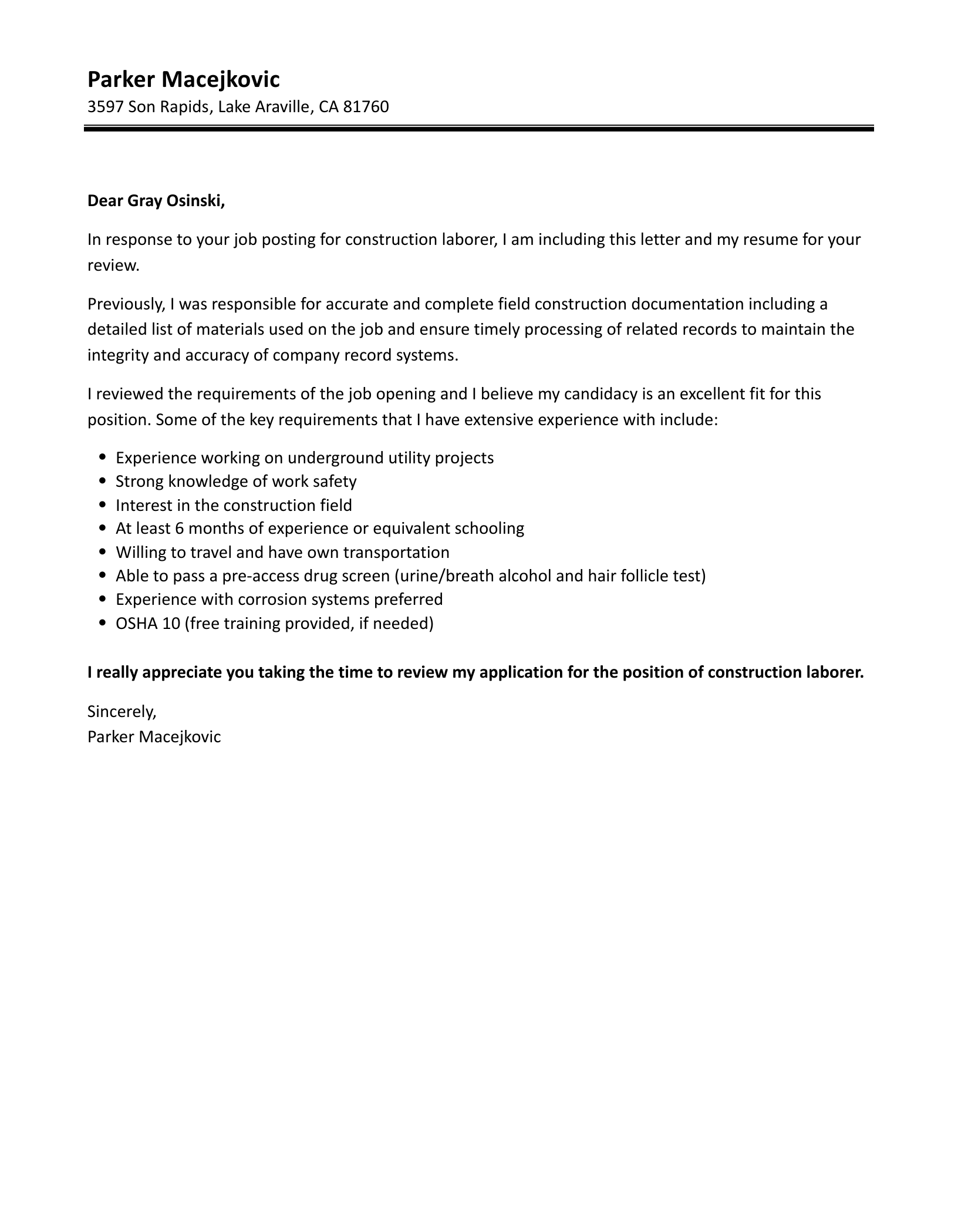 Construction Laborer Cover Letter Velvet Jobs