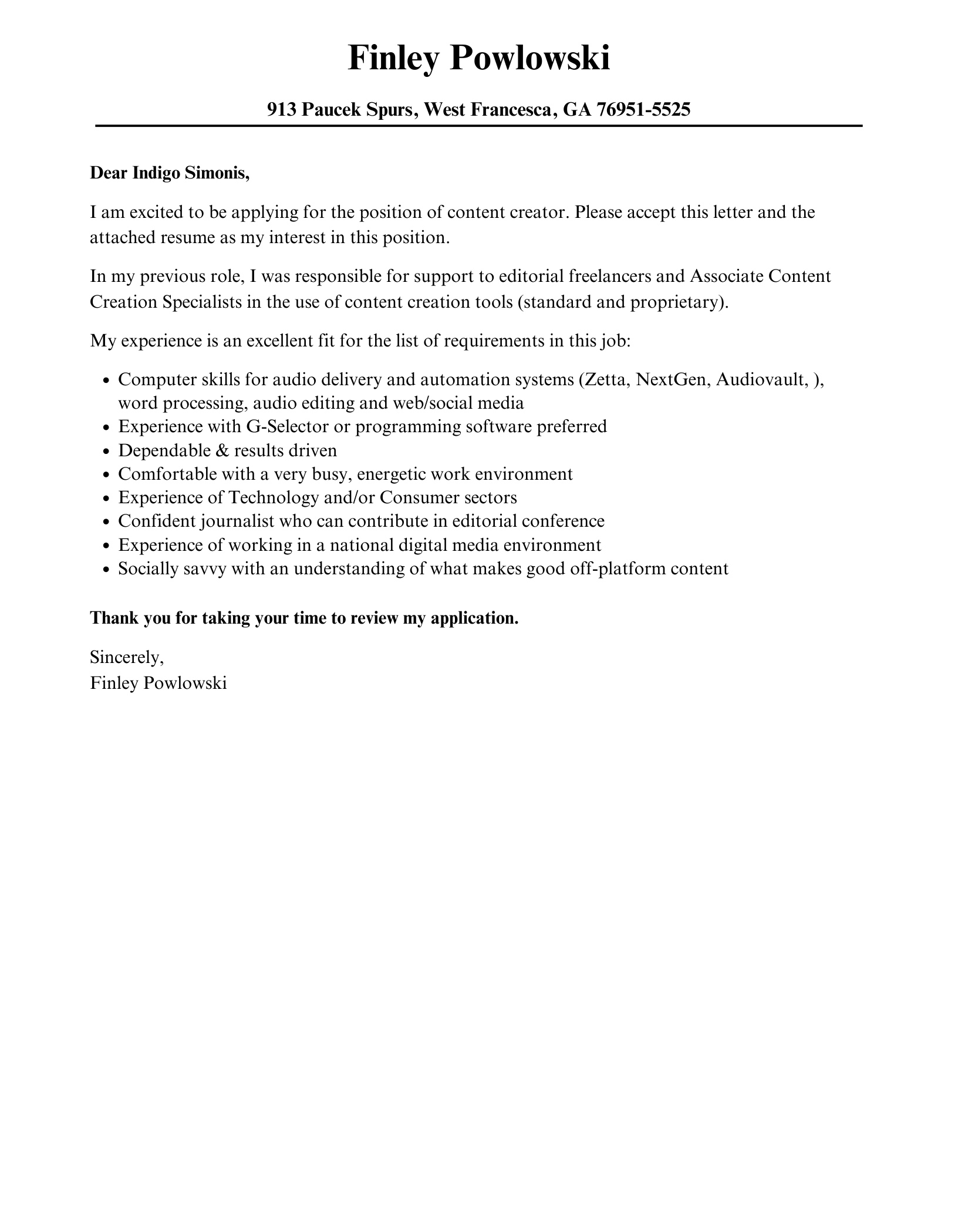 content creator cover letter template