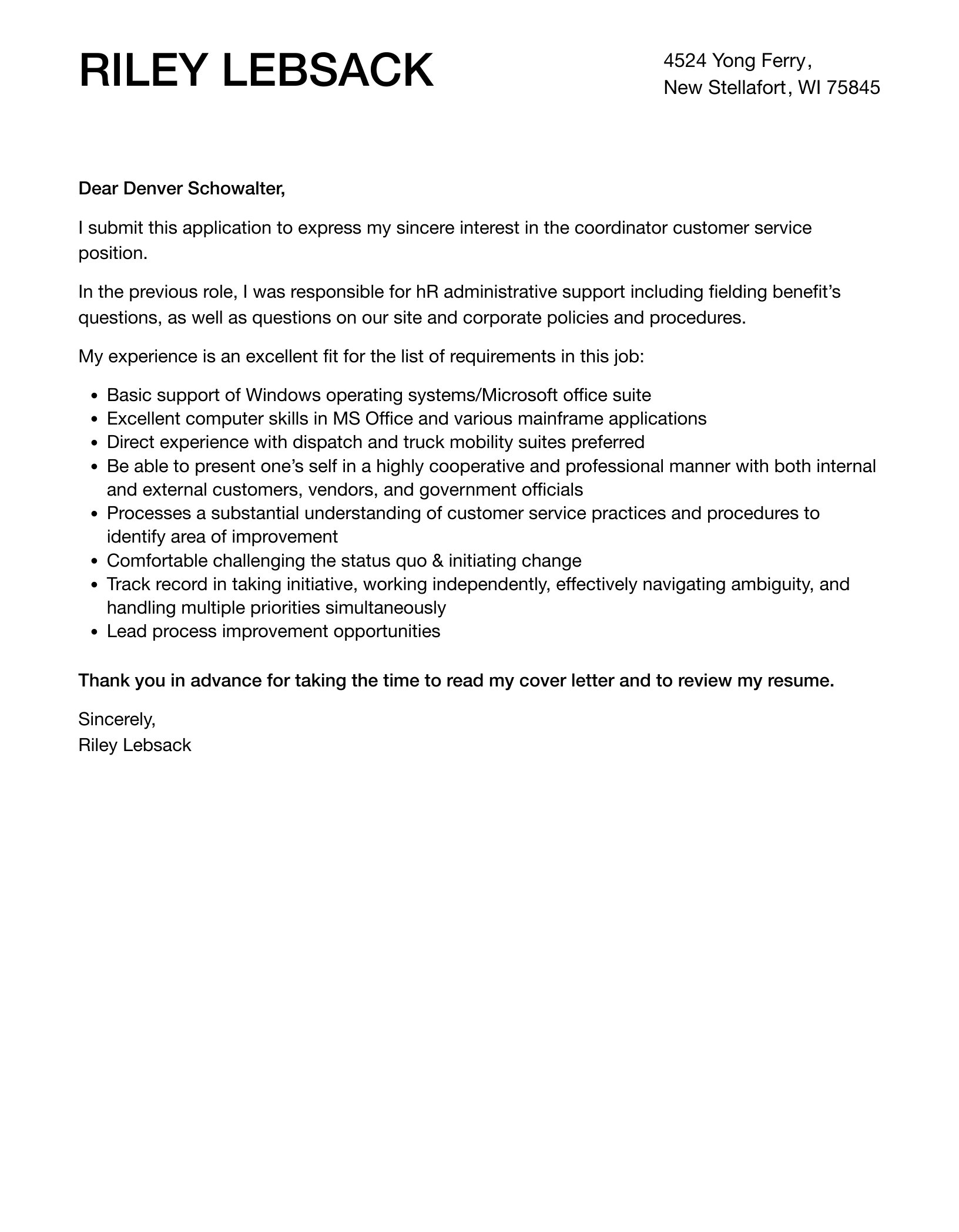 Coordinator Customer Service Cover Letter Velvet Jobs