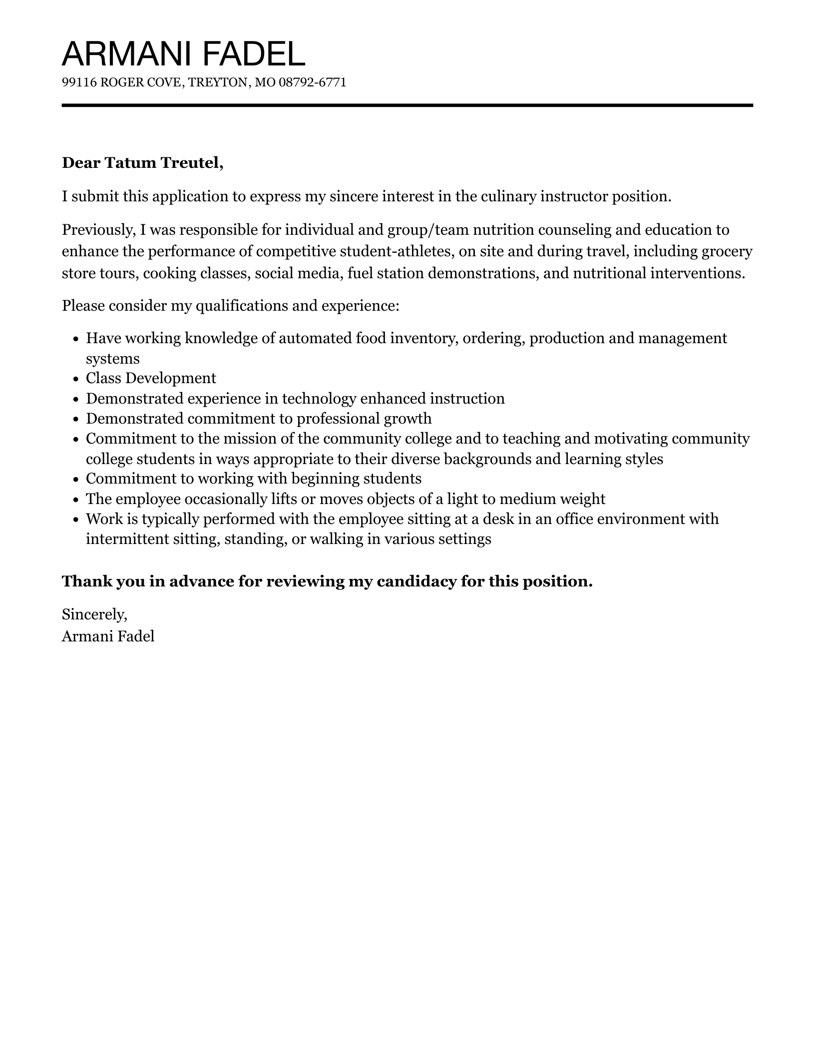 Culinary Instructor Cover Letter Velvet Jobs