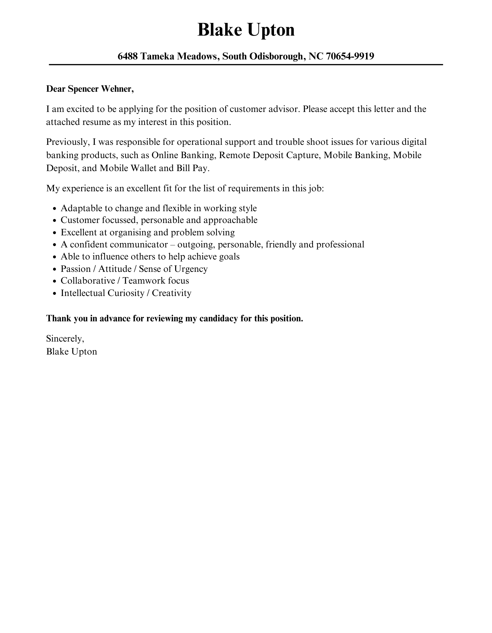 Customer Advisor Cover Letter Velvet Jobs