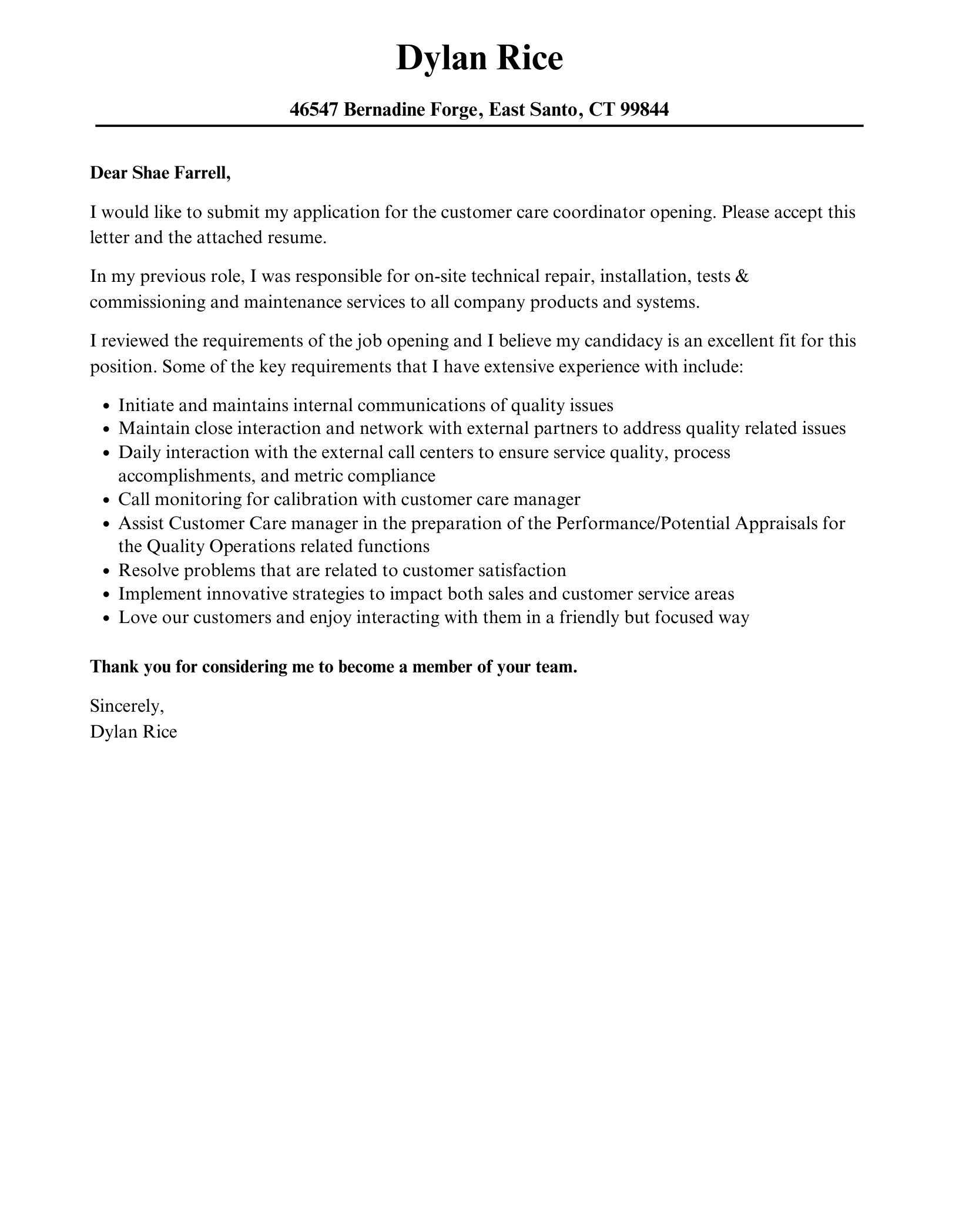 Customer Care Coordinator Cover Letter Velvet Jobs