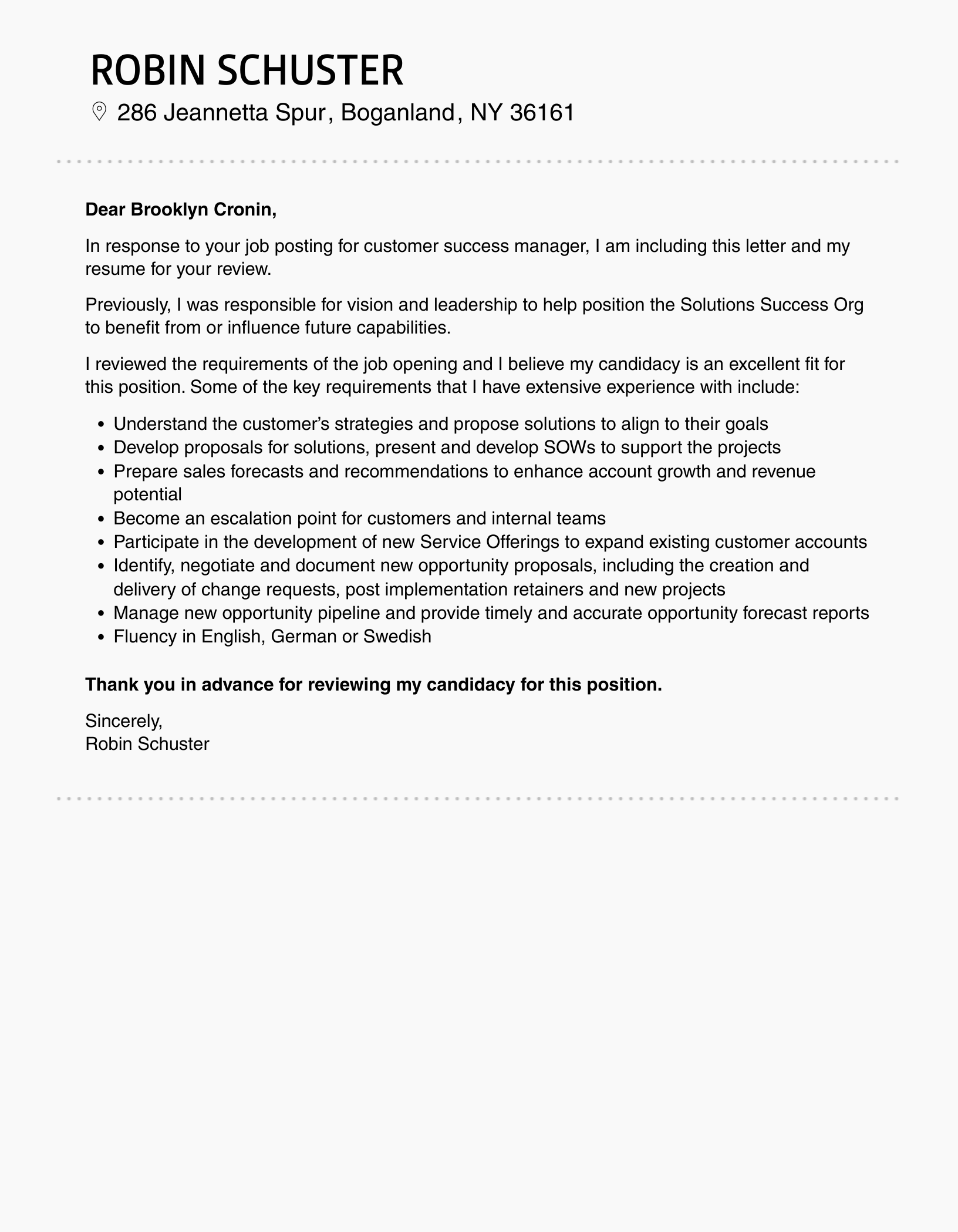 Customer Success Manager Cover Letter Velvet Jobs