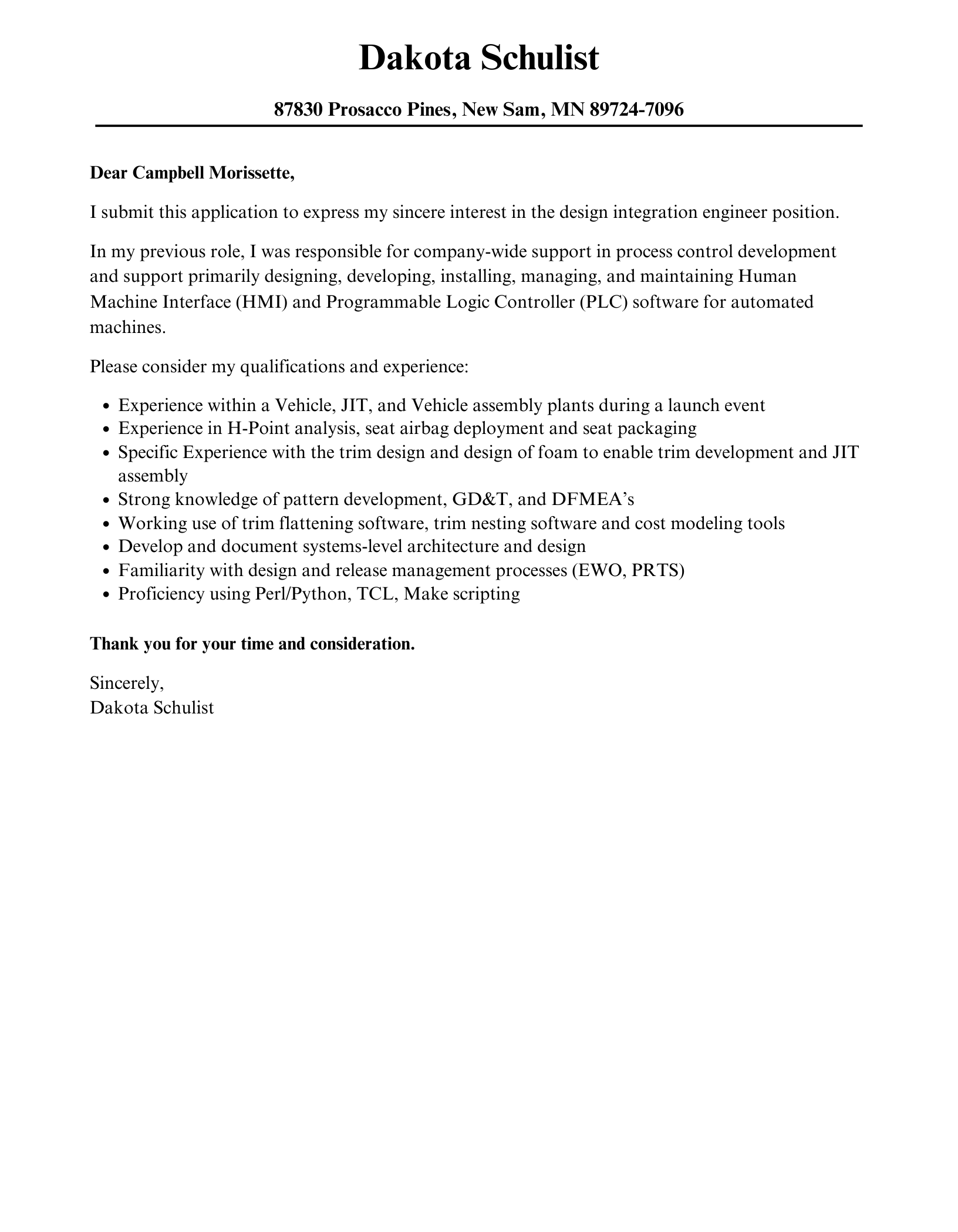 Design Integration Engineer Cover Letter Sample