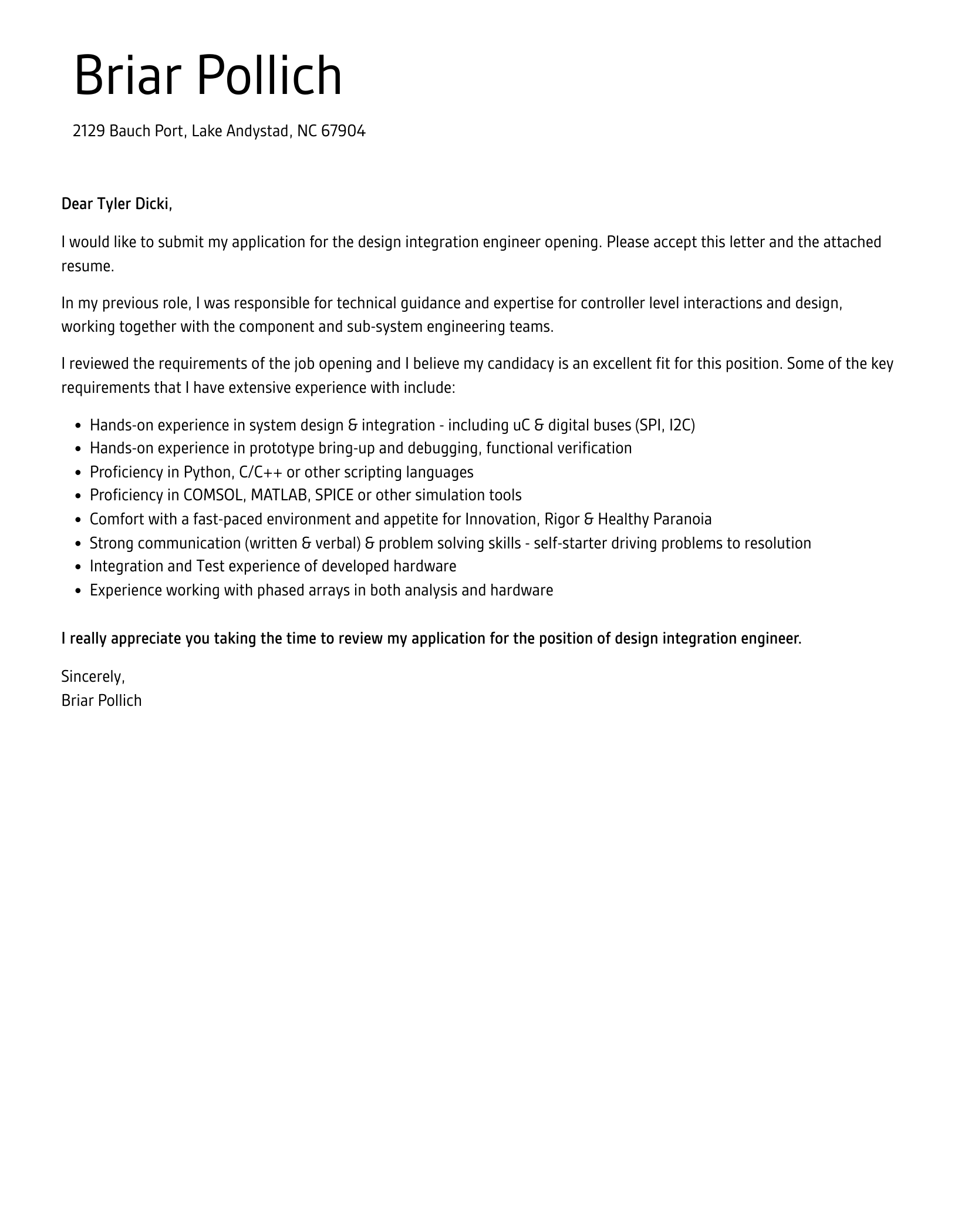 Design Integration Engineer Cover Letter Sample