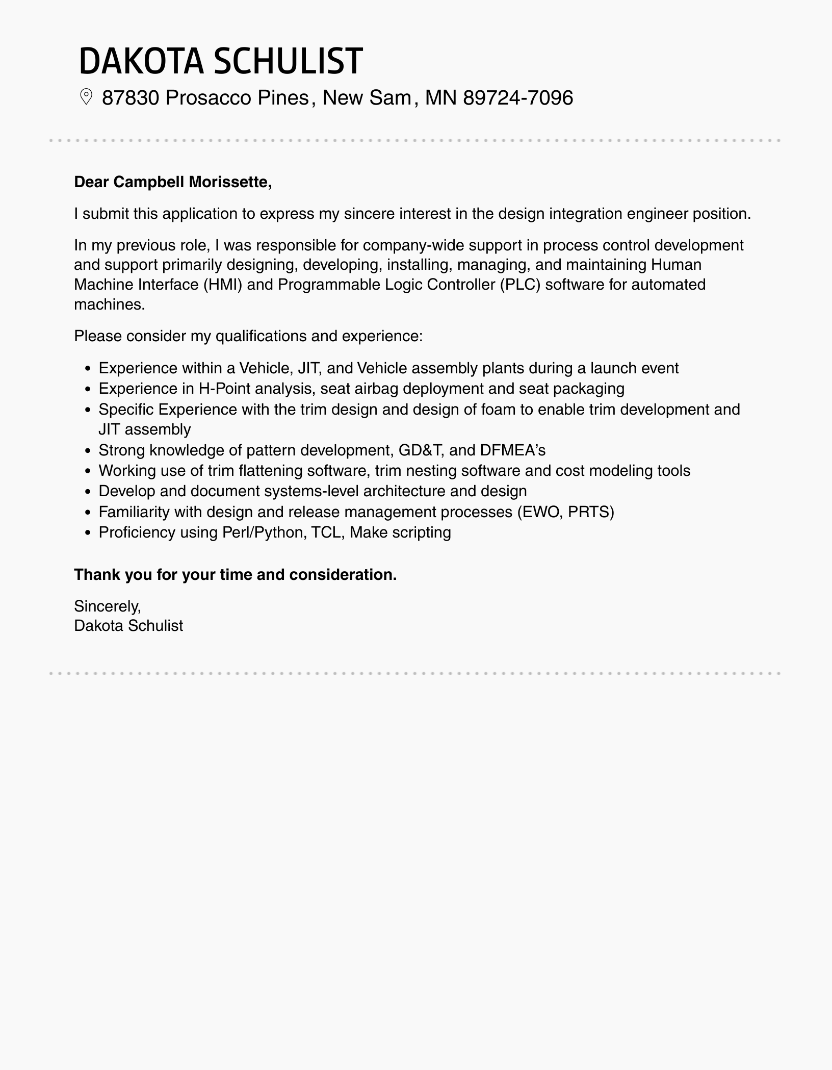 Design Integration Engineer Cover Letter Sample