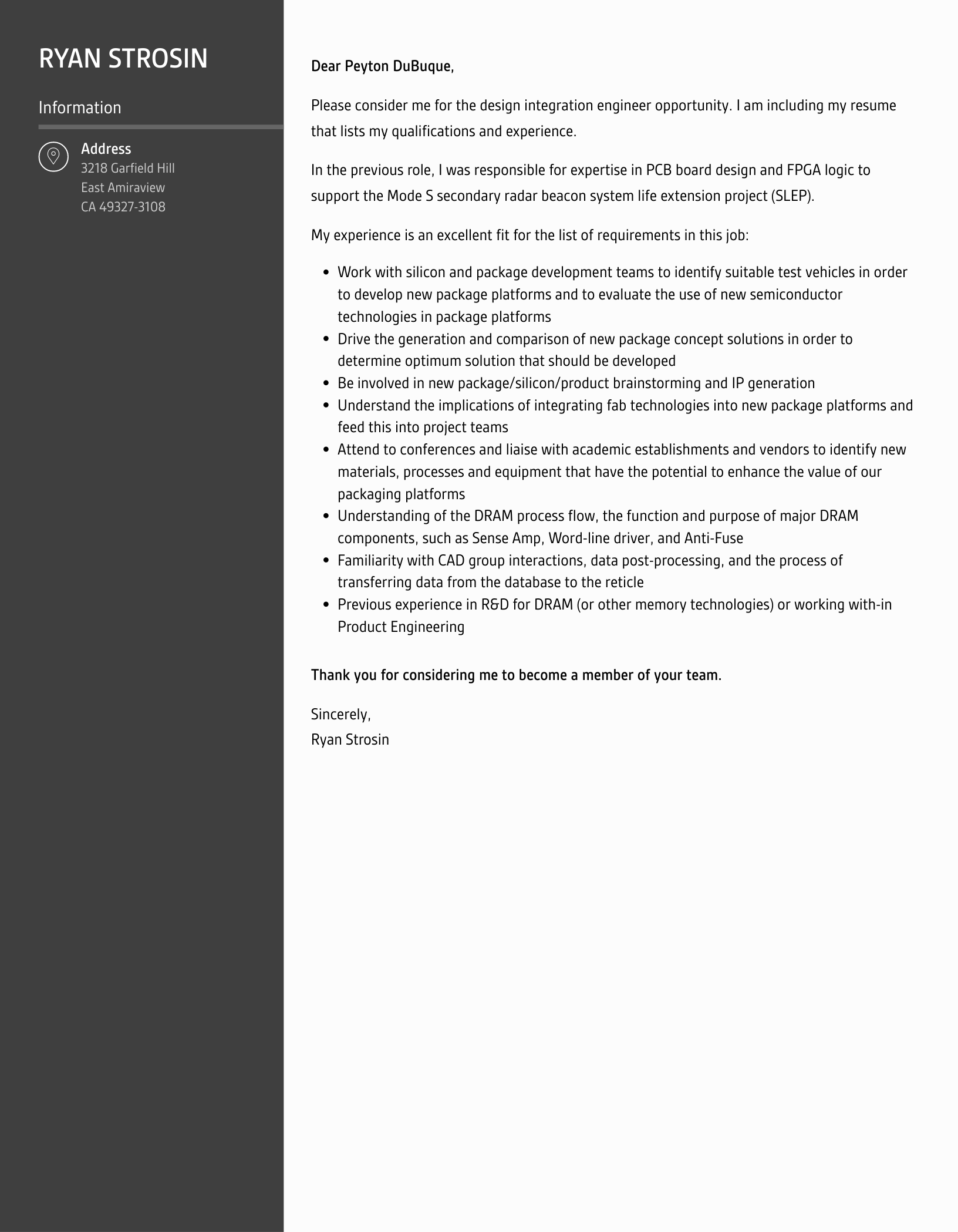 Design Integration Engineer Cover Letter Sample