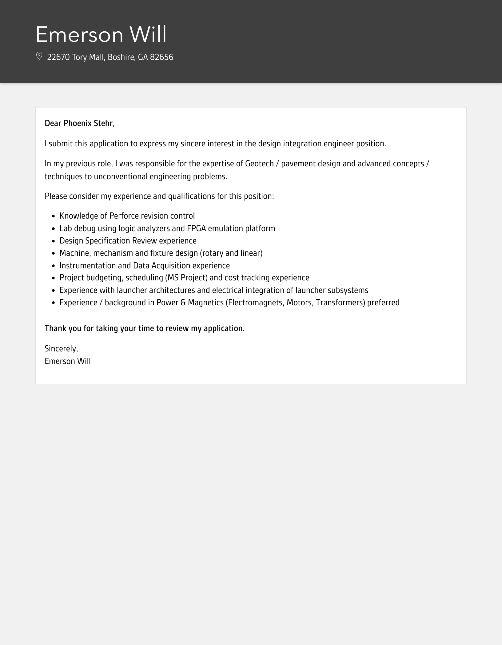 Design Integration Engineer Cover Letter Sample