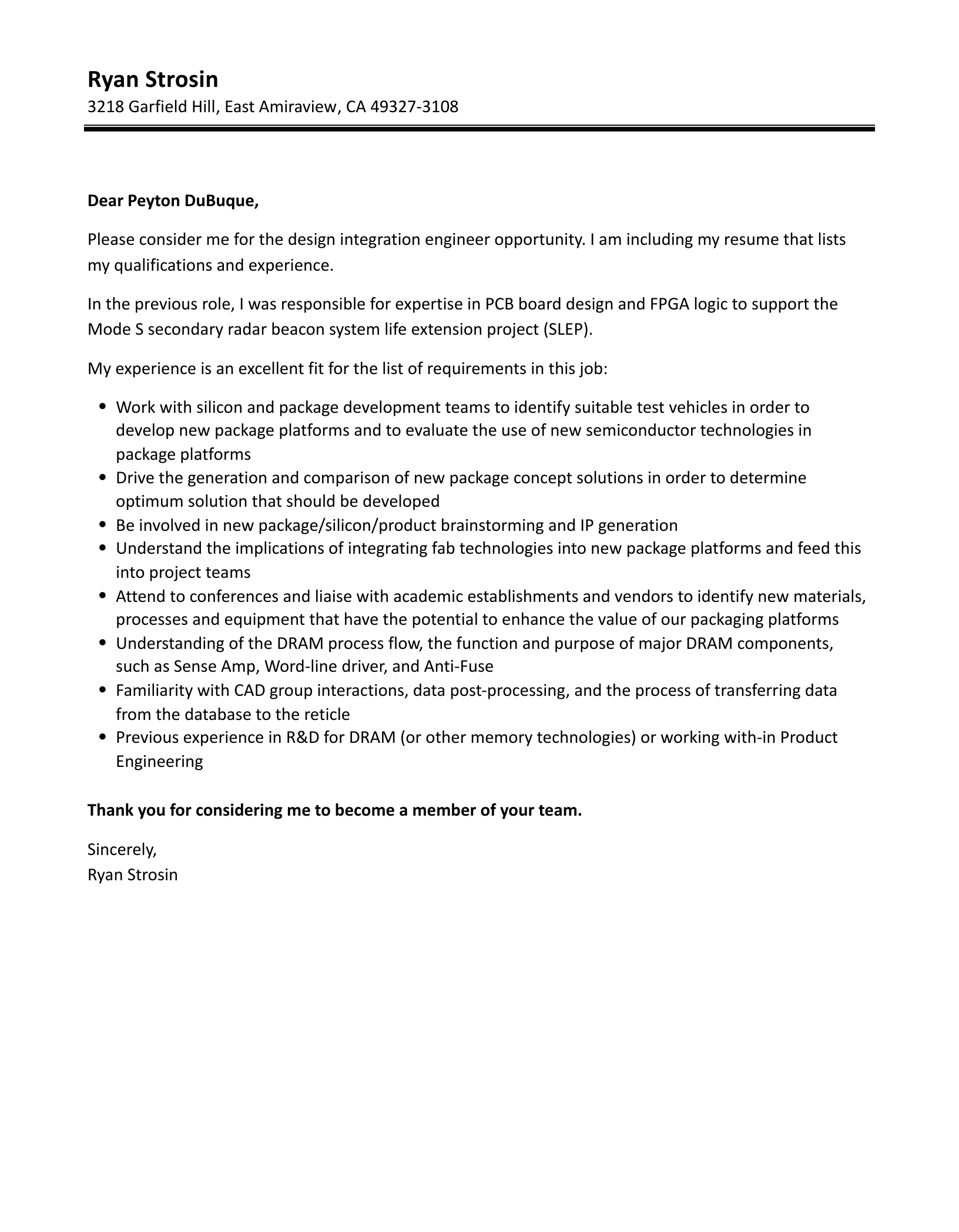Design Integration Engineer Cover Letter Sample